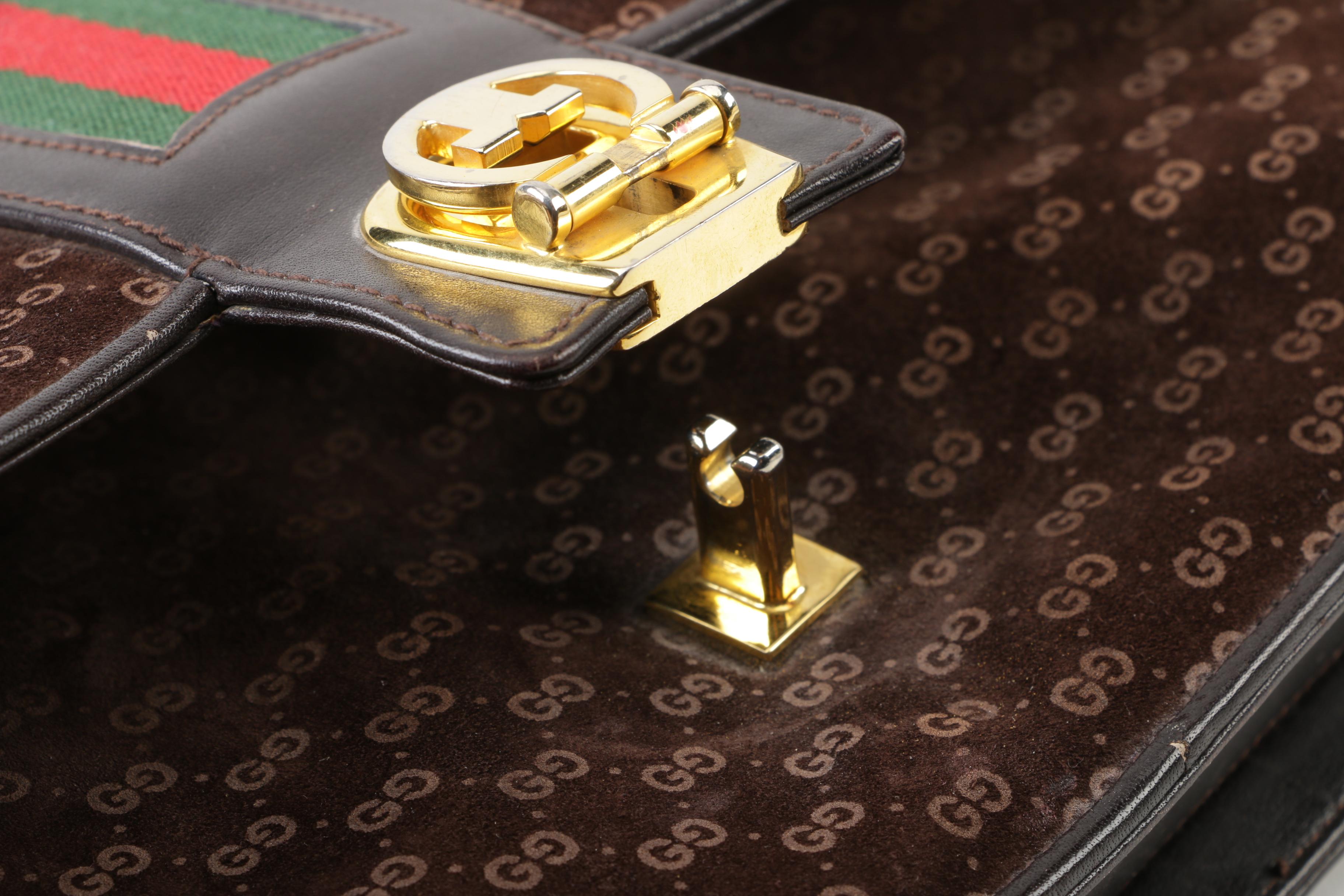 Gucci GG Brown Suede Shoulder Bag with Web Stripe Accent, Vintage