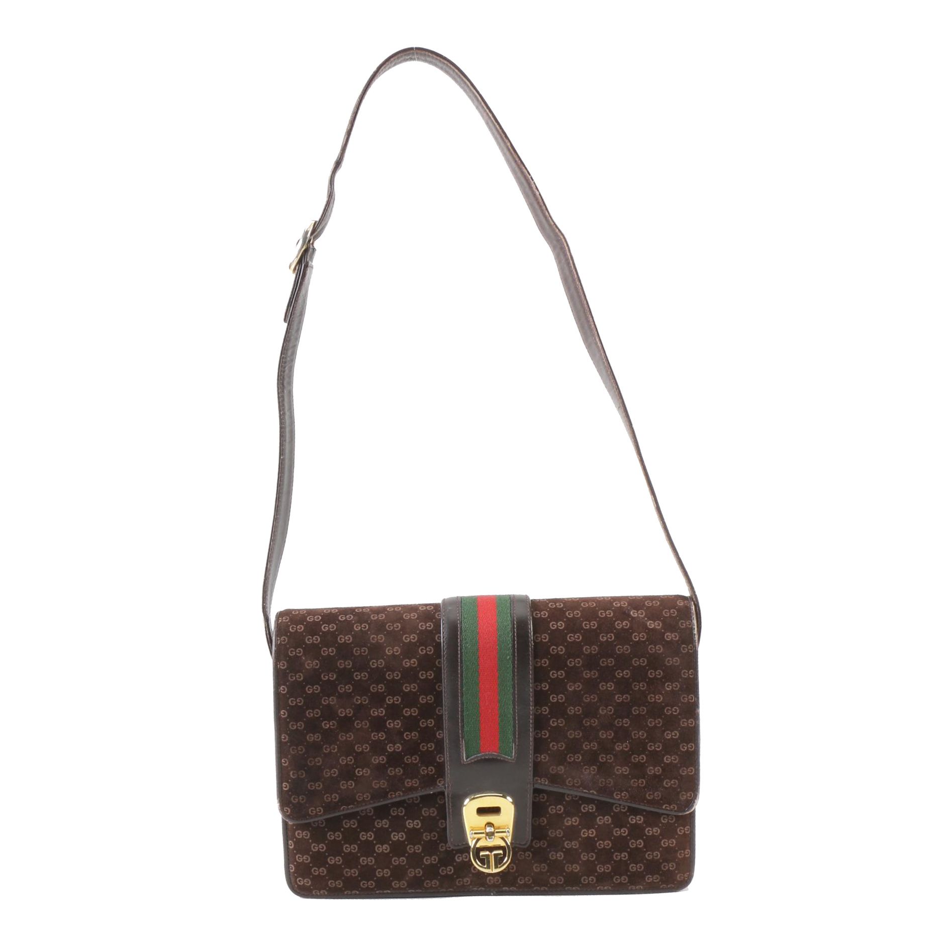 Gucci GG Brown Suede Shoulder Bag with Web Stripe Accent, Vintage