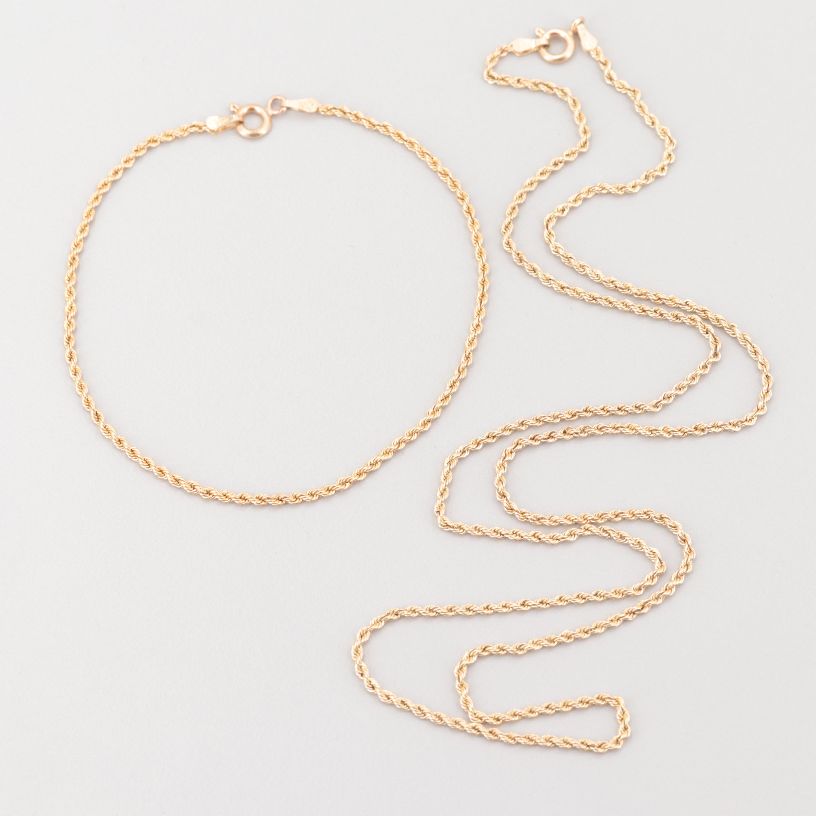 10K Yellow Gold Rope Necklace and Bracelet
