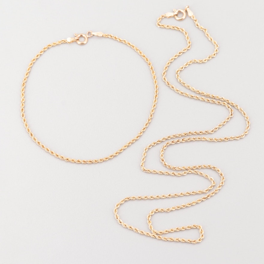10K Yellow Gold Rope Necklace and Bracelet