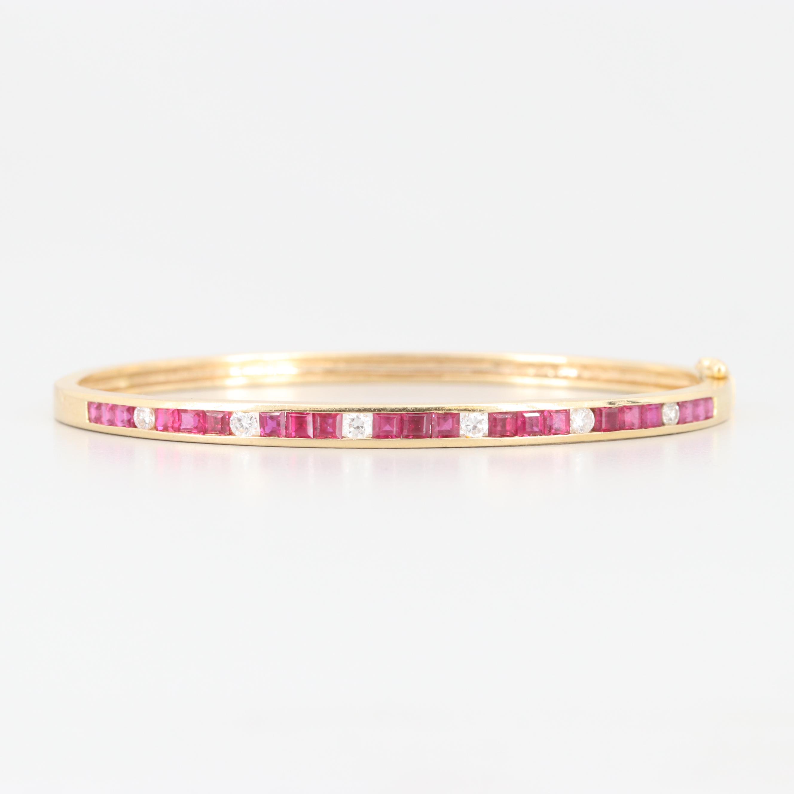 18K Yellow Gold Diamond and Ruby Hinged Bangle Bracelet