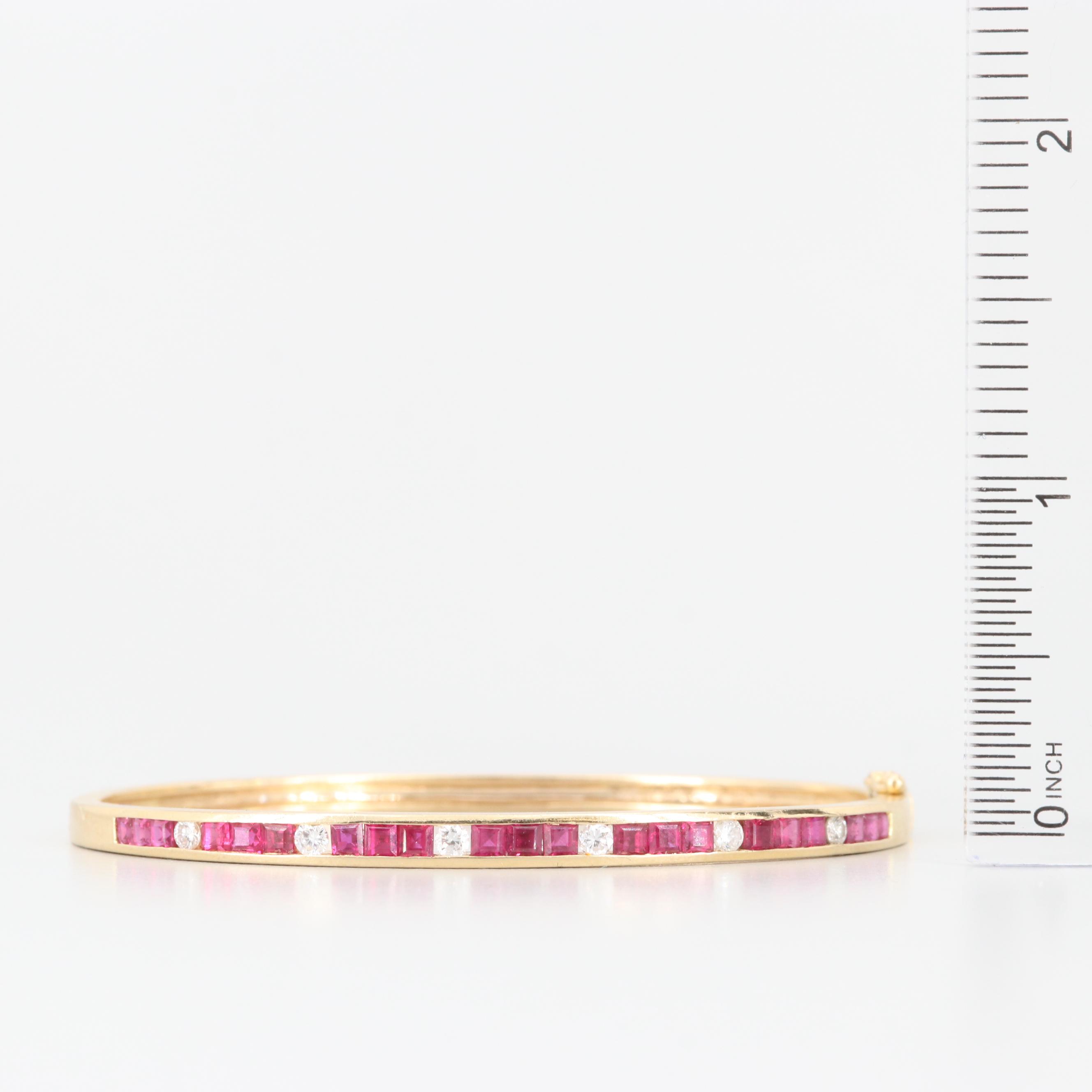 18K Yellow Gold Diamond and Ruby Hinged Bangle Bracelet