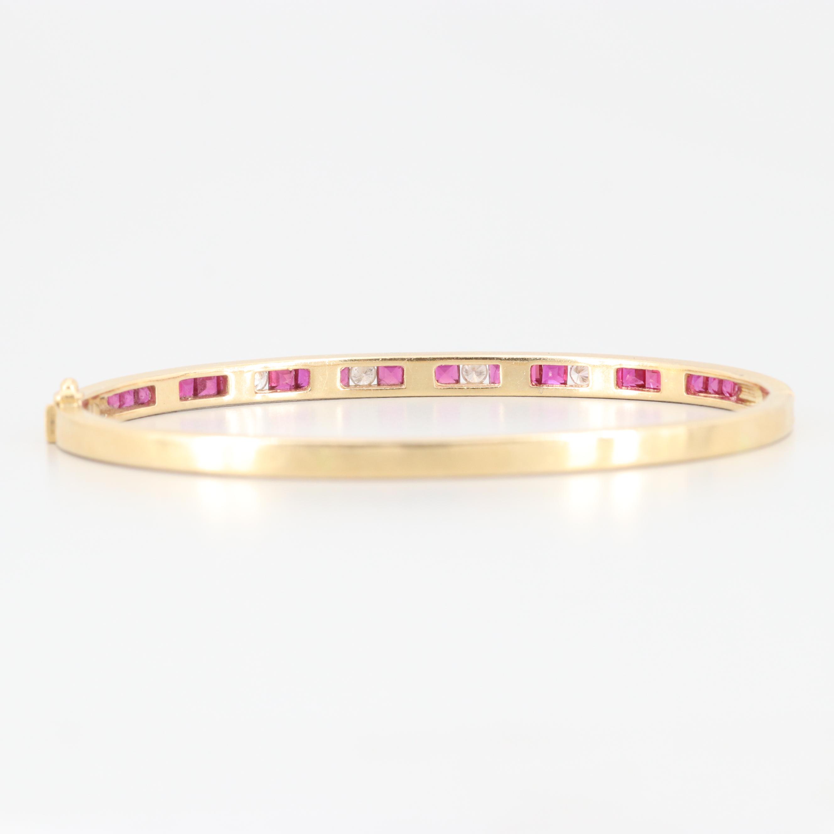 18K Yellow Gold Diamond and Ruby Hinged Bangle Bracelet
