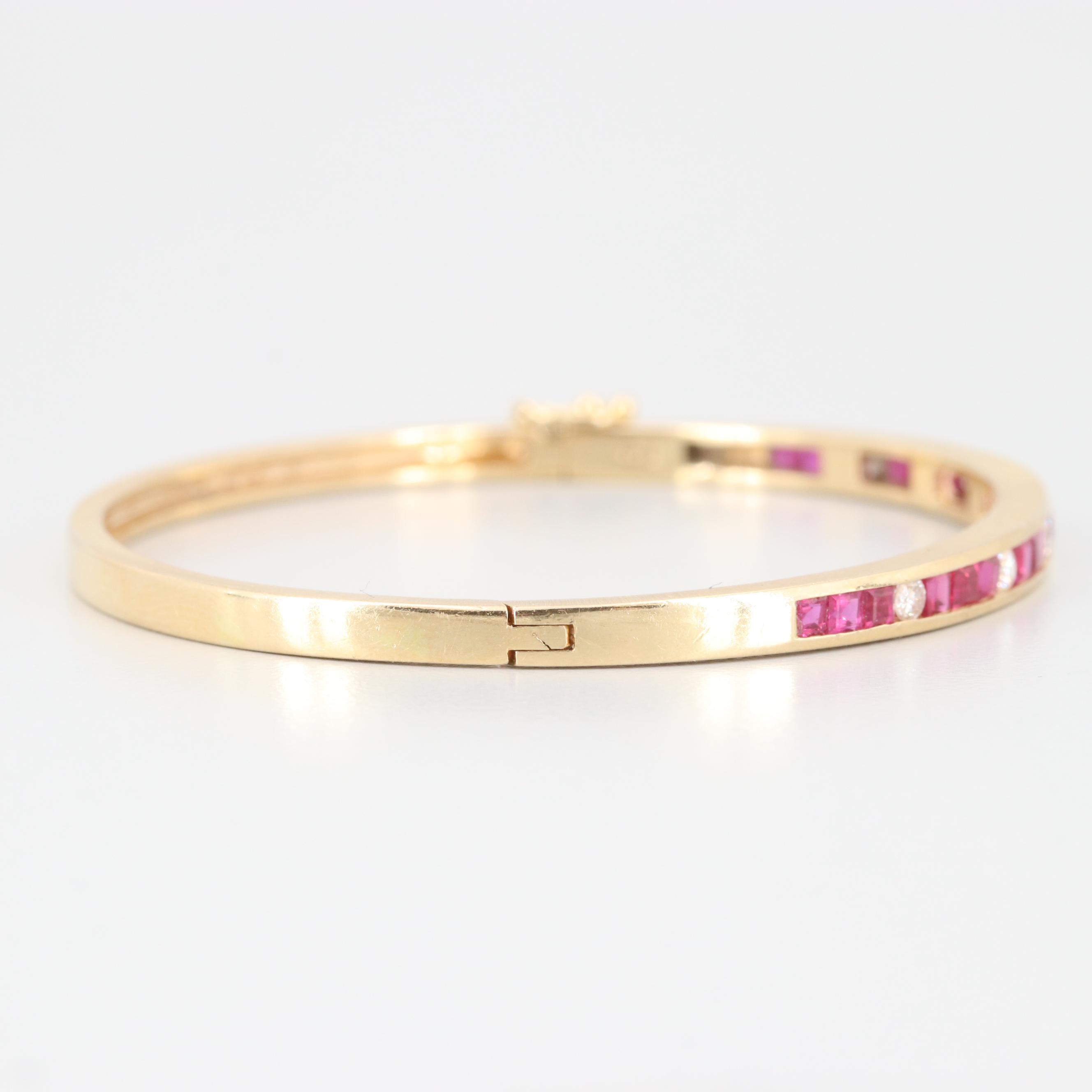 18K Yellow Gold Diamond and Ruby Hinged Bangle Bracelet