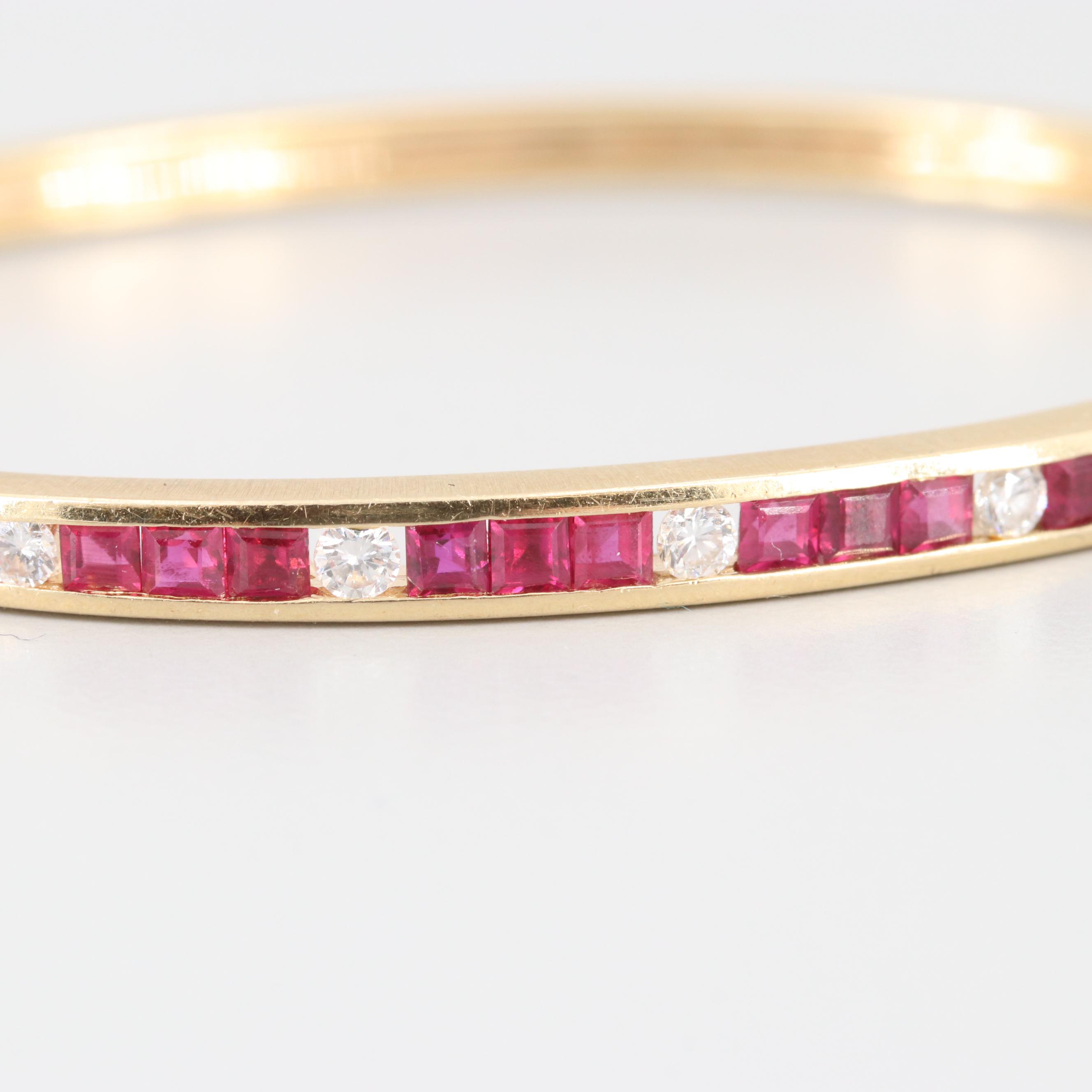 18K Yellow Gold Diamond and Ruby Hinged Bangle Bracelet