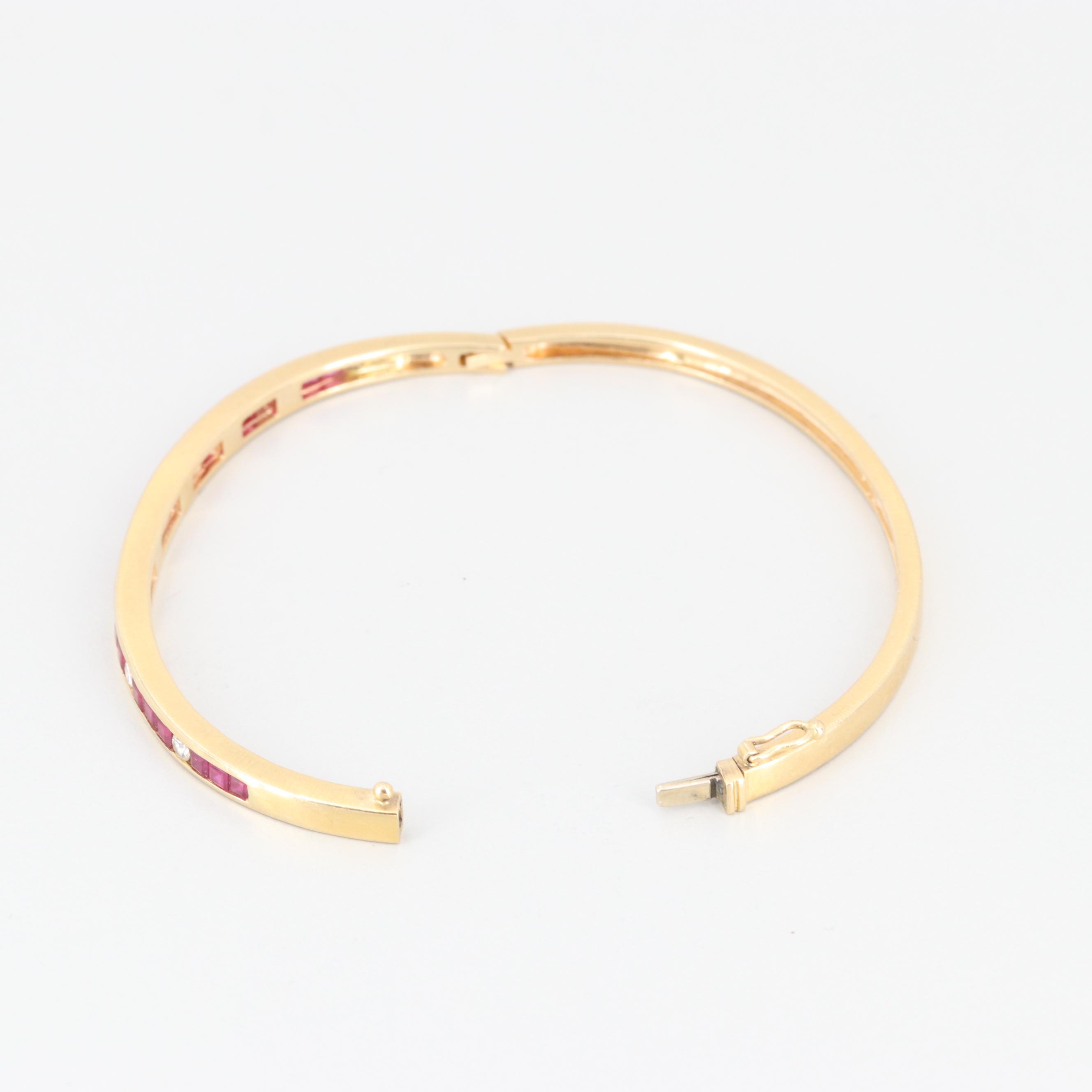 18K Yellow Gold Diamond and Ruby Hinged Bangle Bracelet