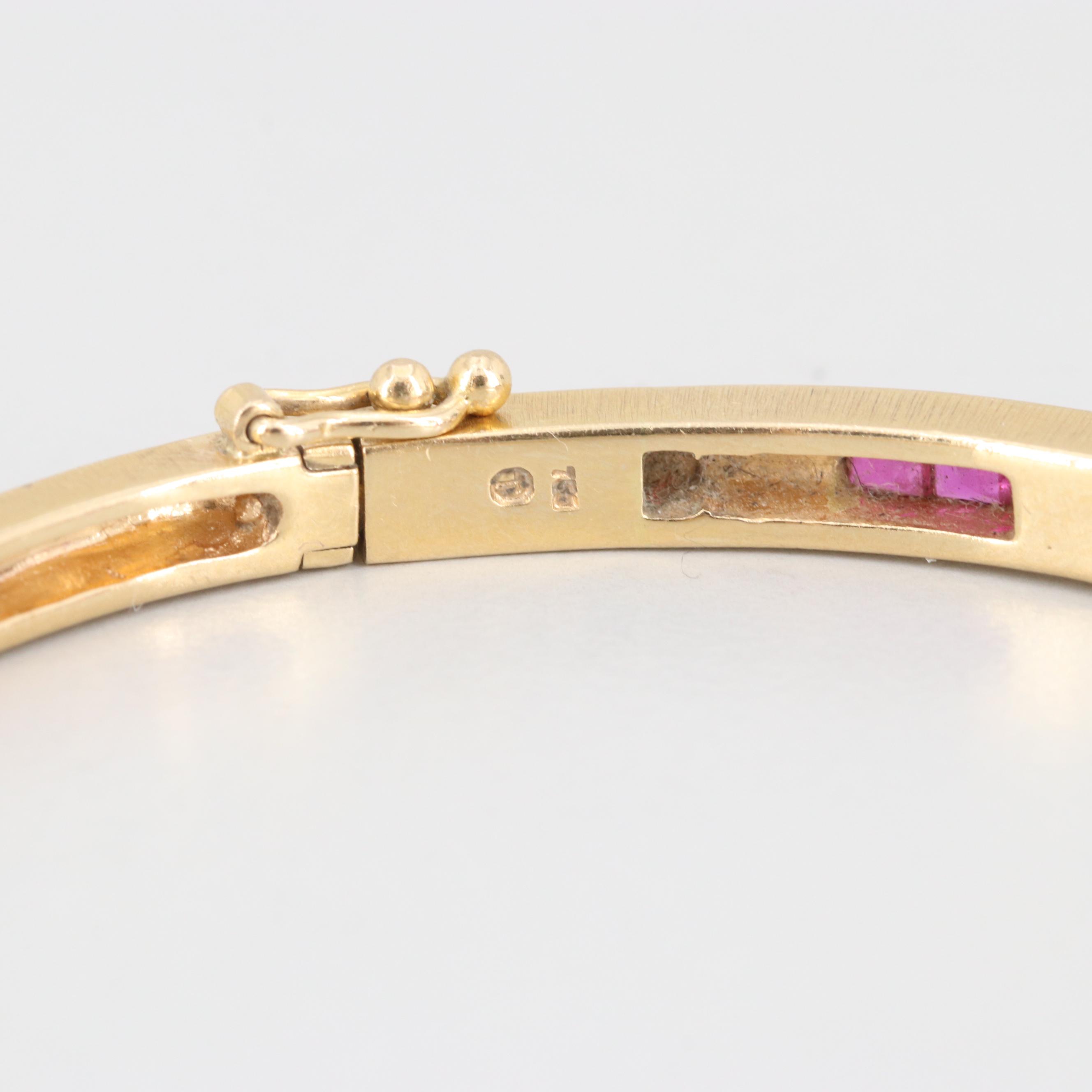 18K Yellow Gold Diamond and Ruby Hinged Bangle Bracelet