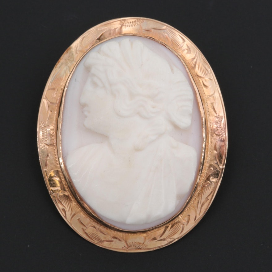 Vintage 10K Yellow Gold Conch Shell Cameo Converter Brooch