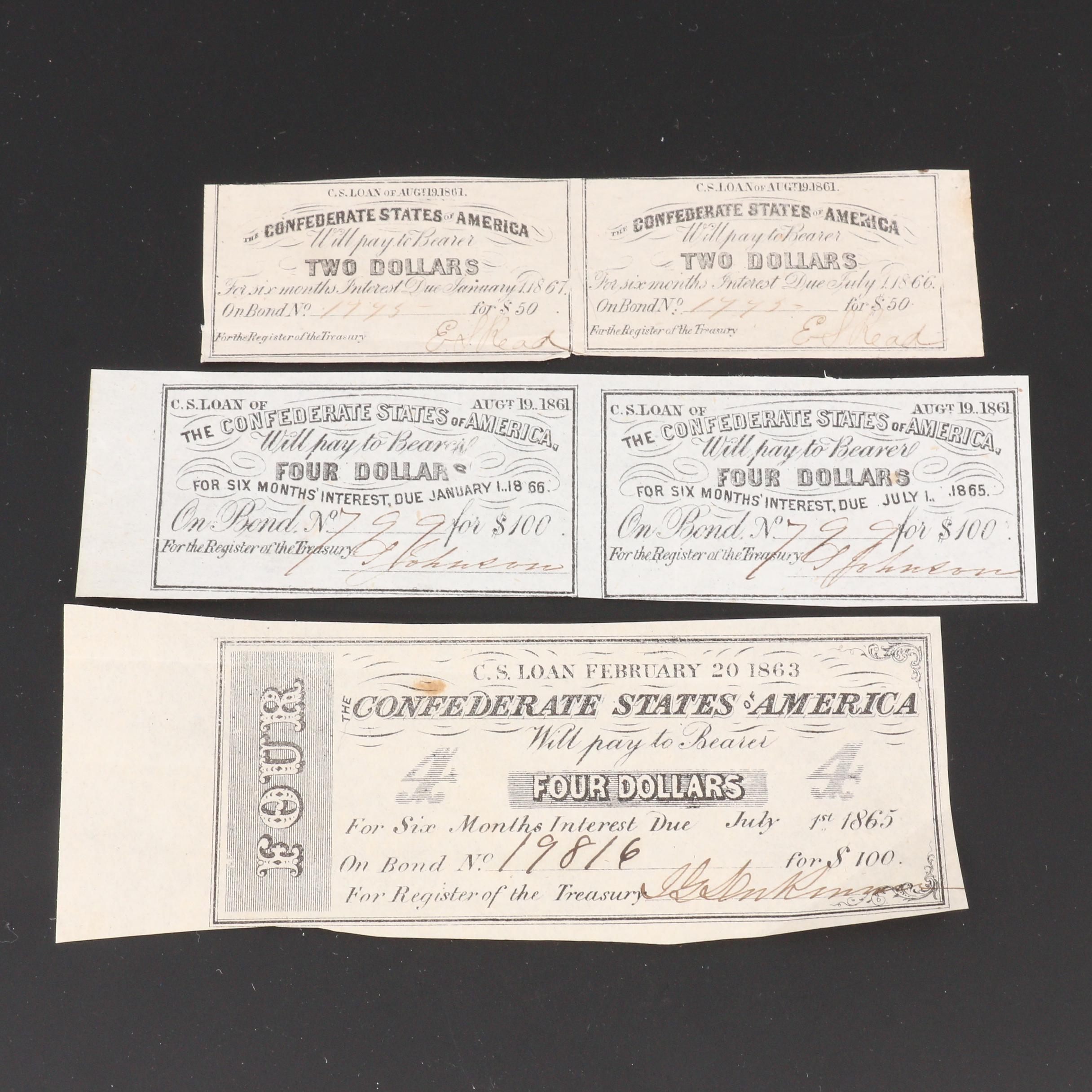 Group of Five Confederate States of America Bond Coupons