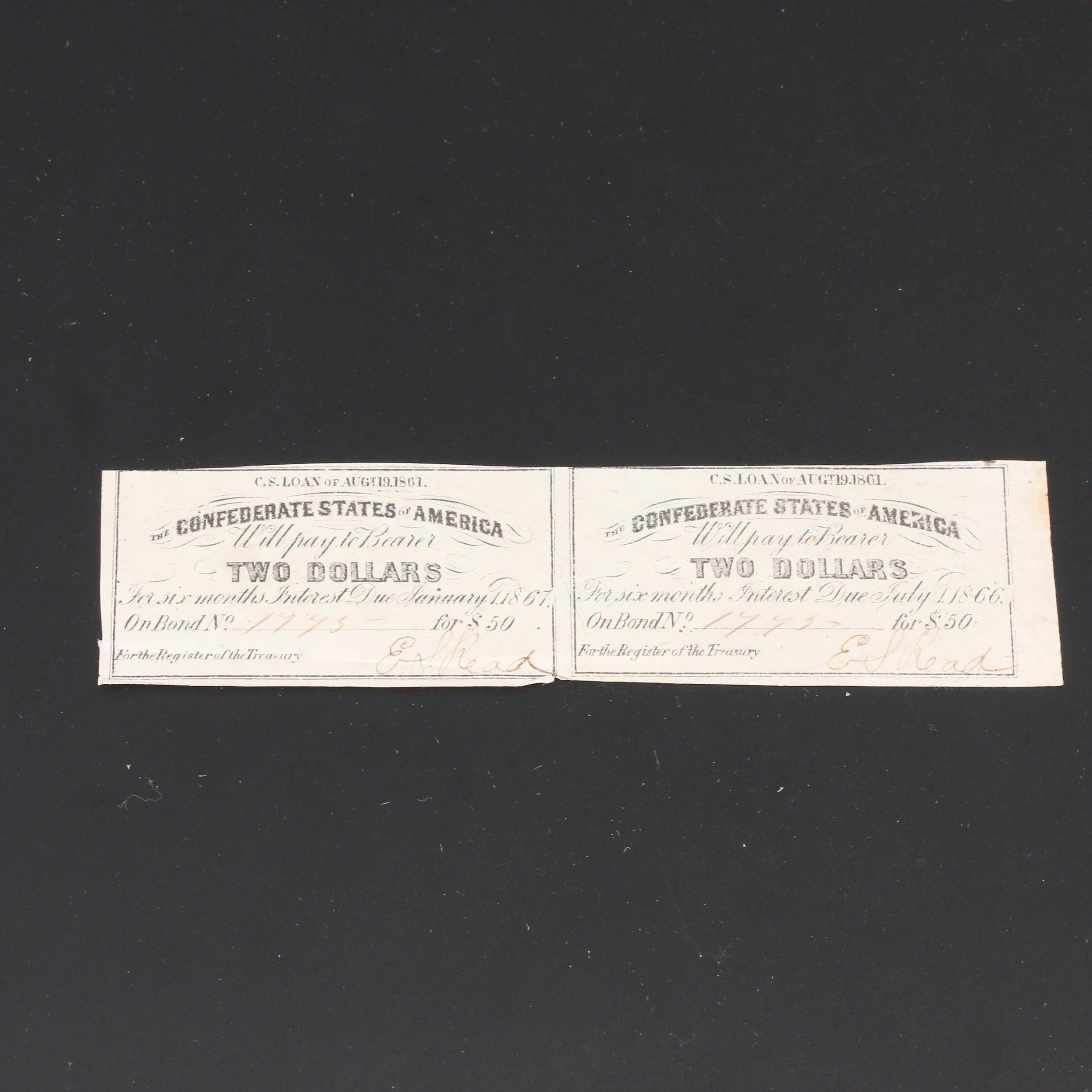 Group of Five Confederate States of America Bond Coupons