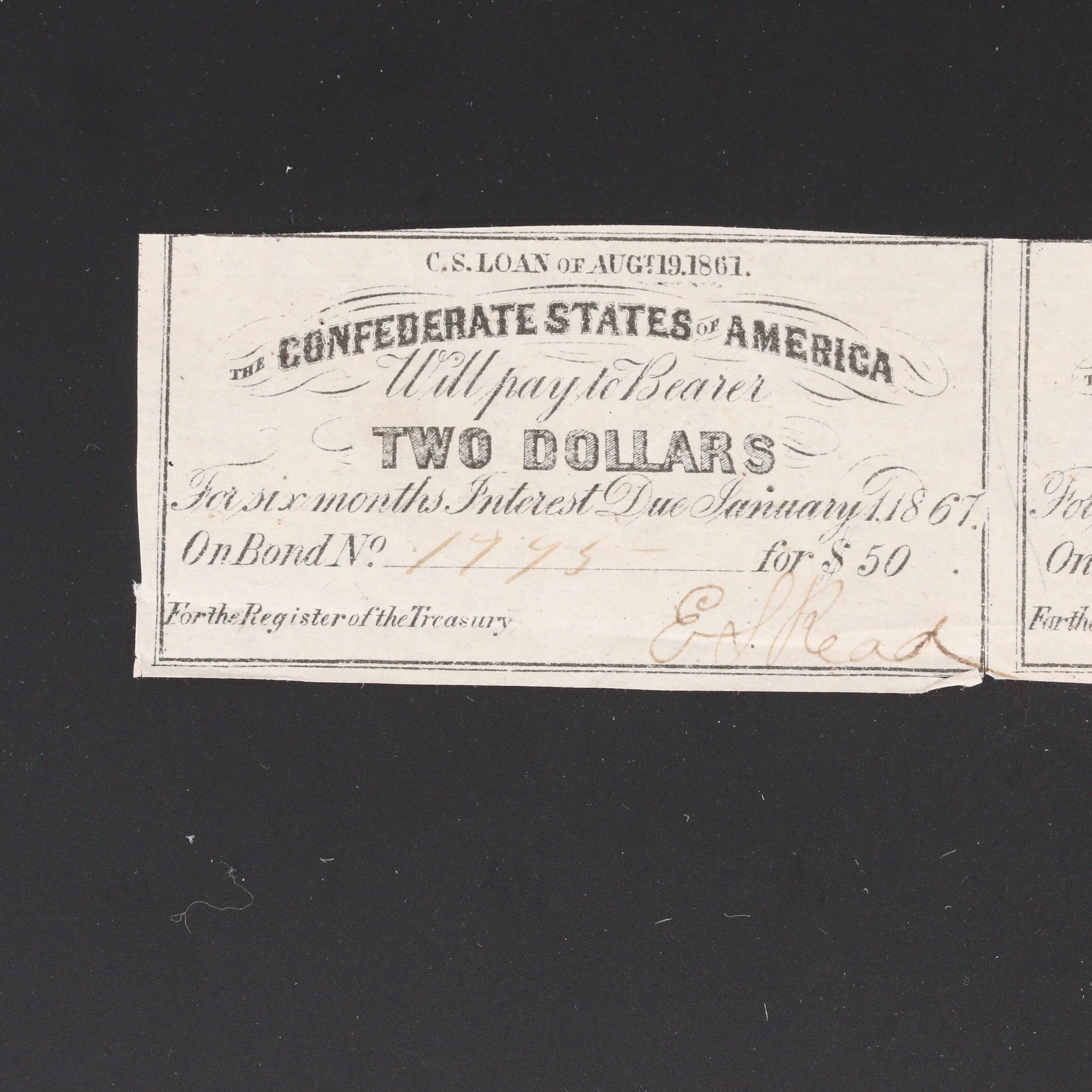 Group of Five Confederate States of America Bond Coupons
