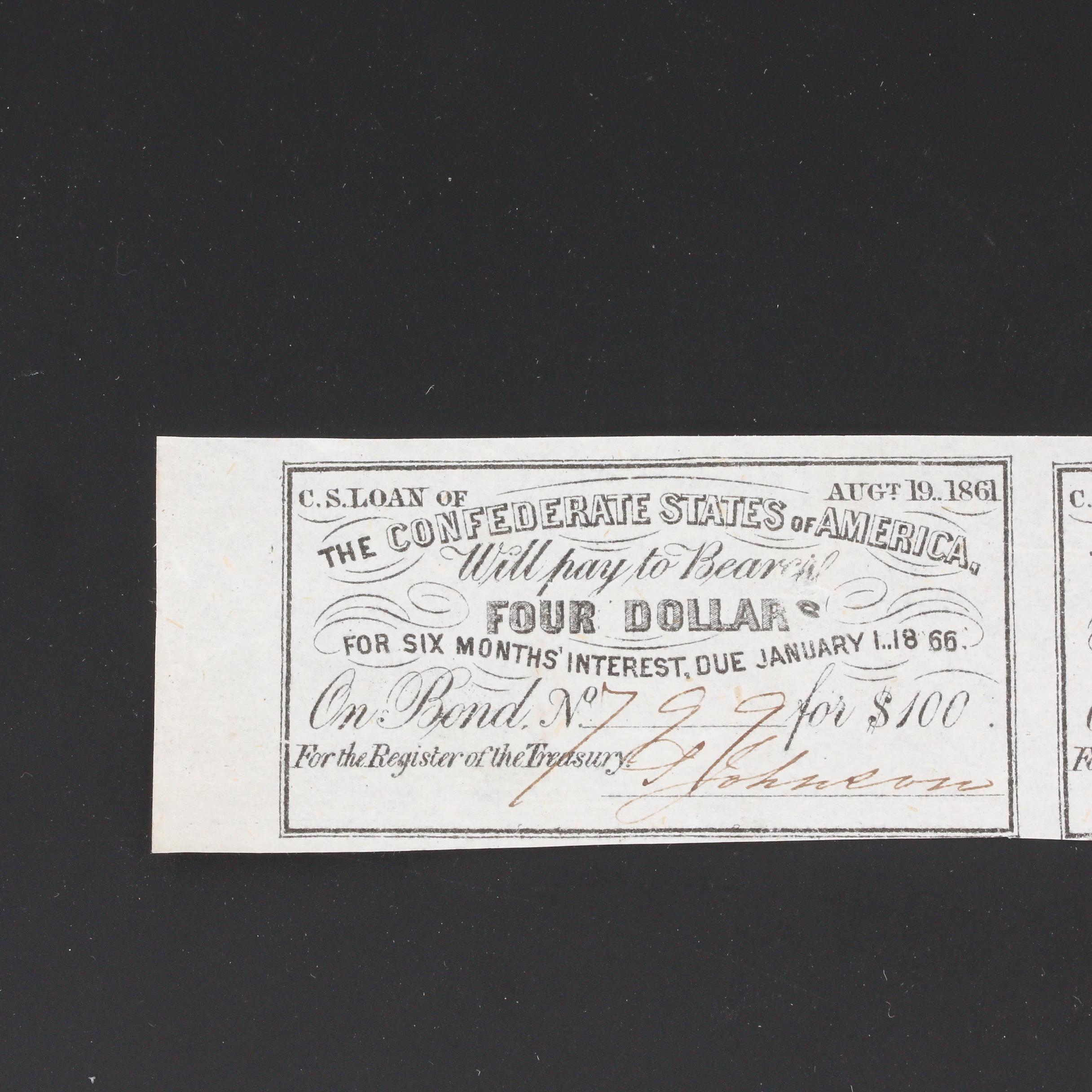 Group of Five Confederate States of America Bond Coupons