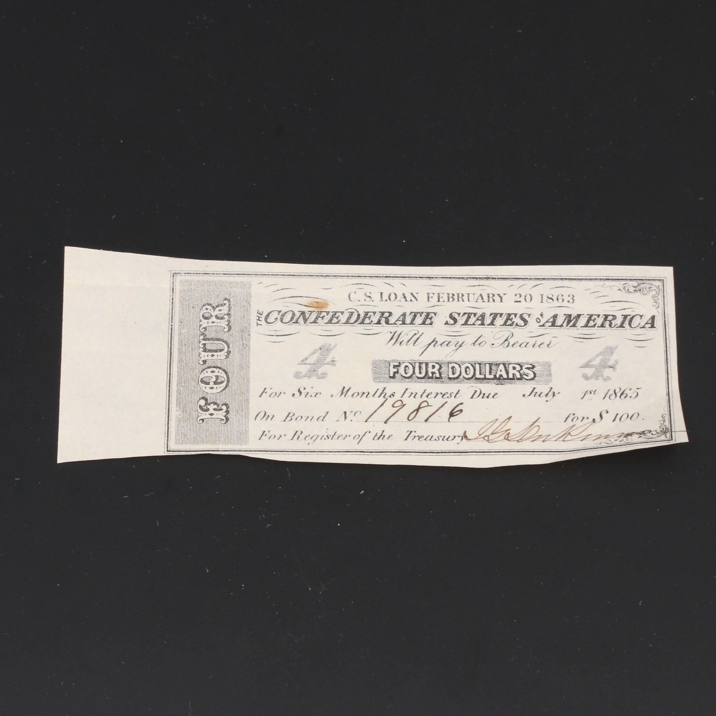 Group of Five Confederate States of America Bond Coupons