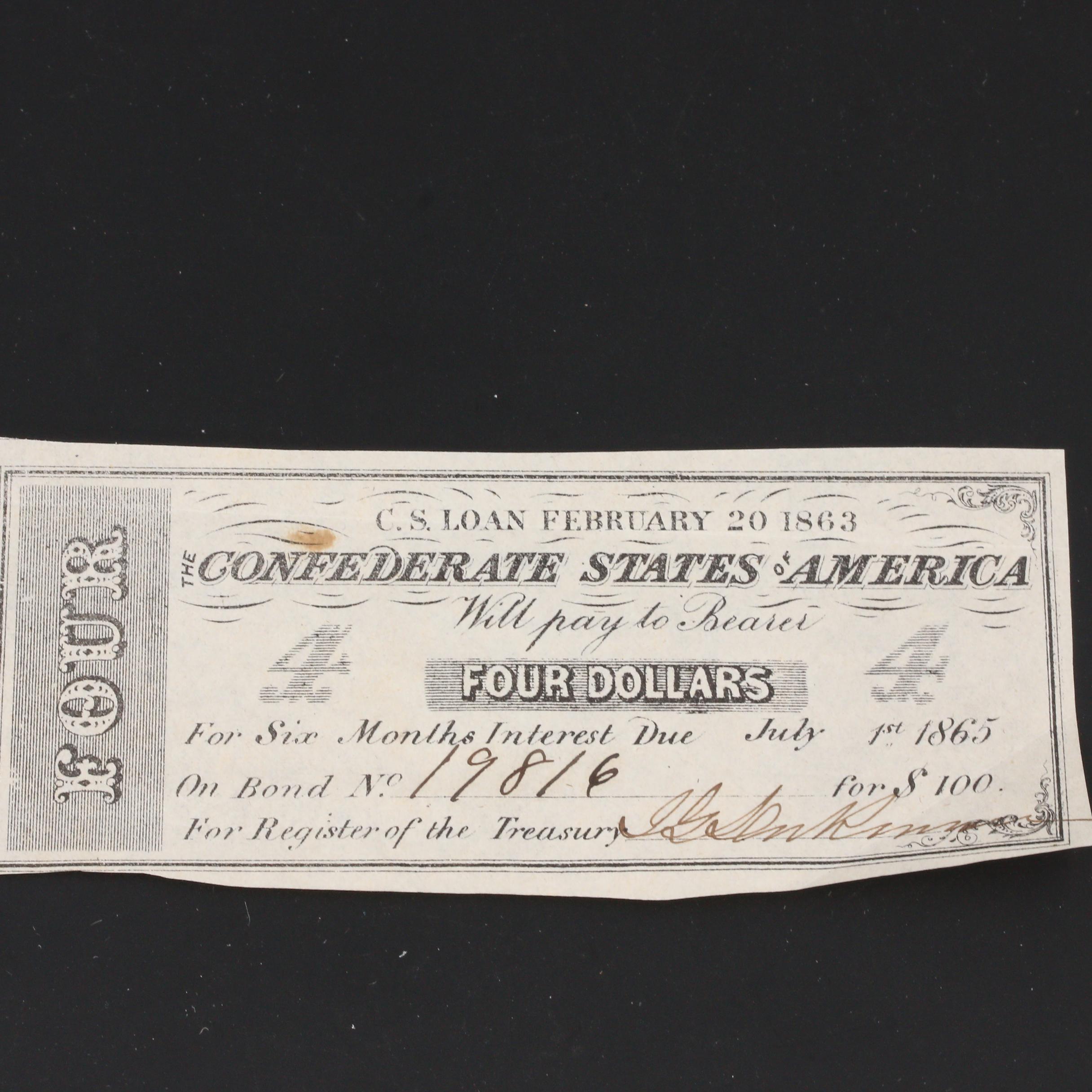 Group of Five Confederate States of America Bond Coupons