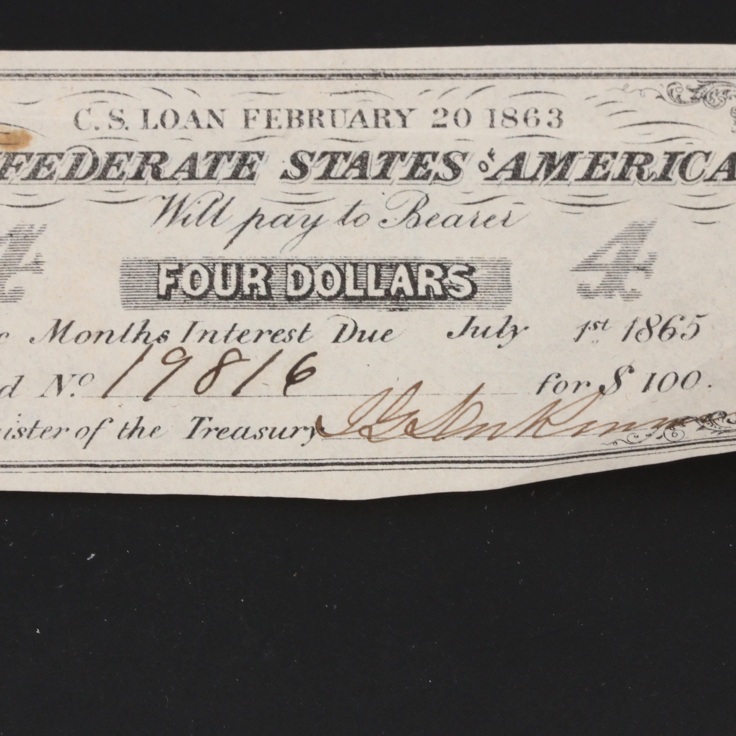 Group of Five Confederate States of America Bond Coupons