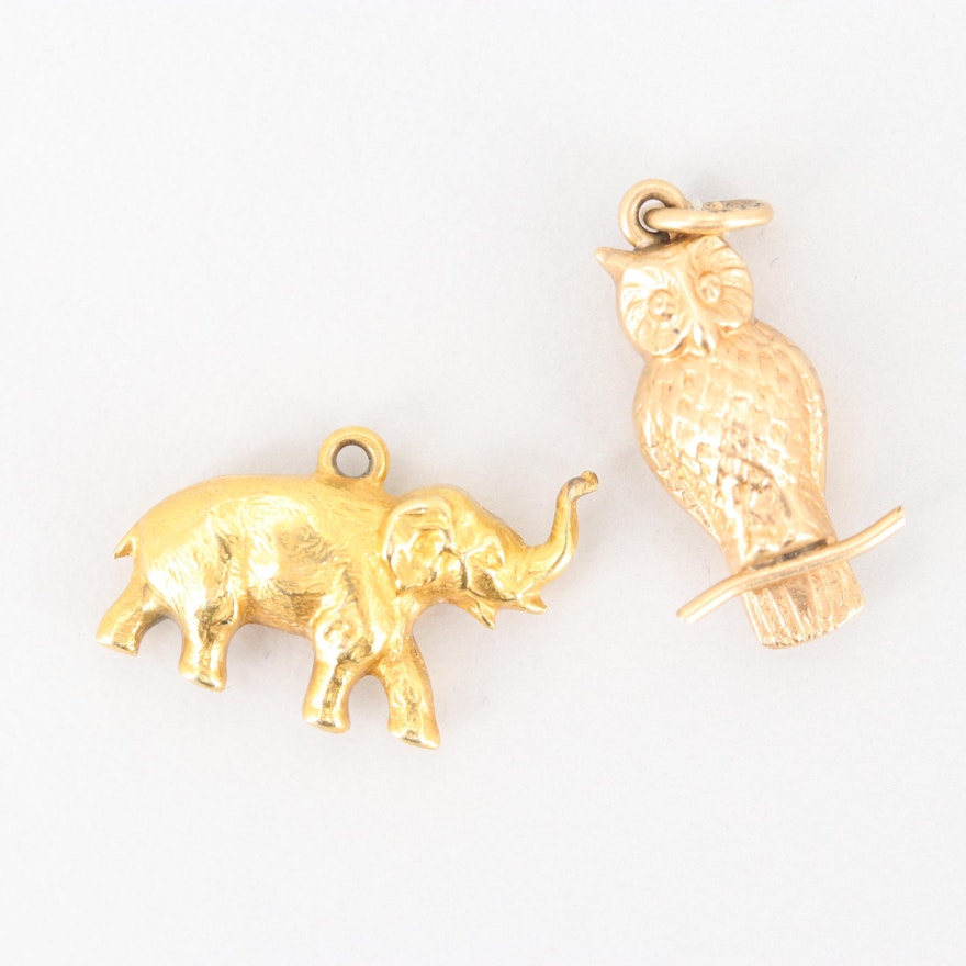 Vintage 14K Yellow Gold Owl and Elephant Charms