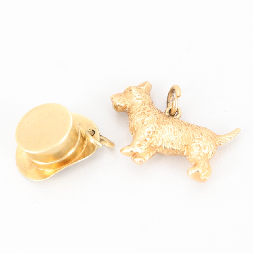 Vintage 14K Yellow Gold Top Hat and Dog Charms