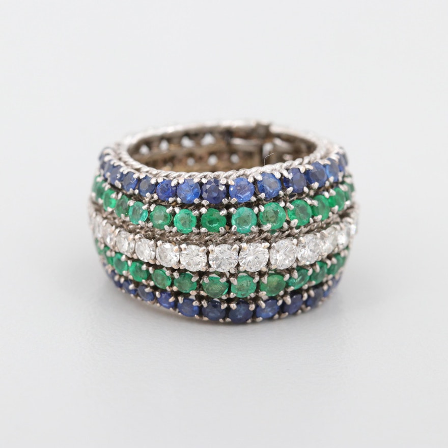 18K White Gold Diamond, Emerald and Sapphire Ring