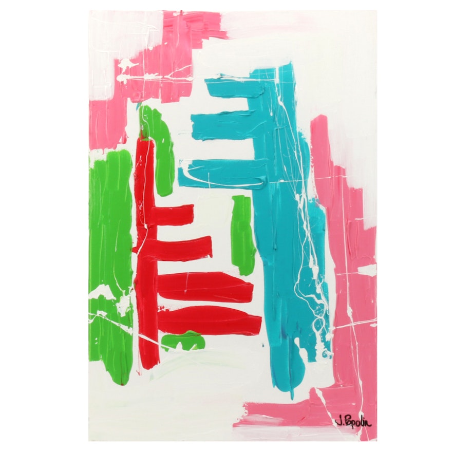 J. Popolin Acrylic Painting "Red Pink Blue Green"