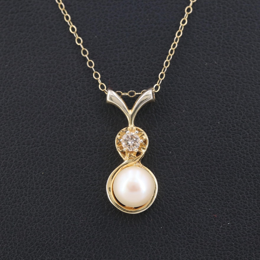 14K Yellow Gold Cultured Pearl and Diamond Pendant Necklace