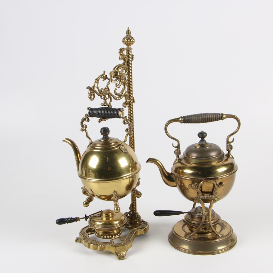 S.S. & Co. Brass Tea Kettle with Warming Stand and Other Kettle with Stand