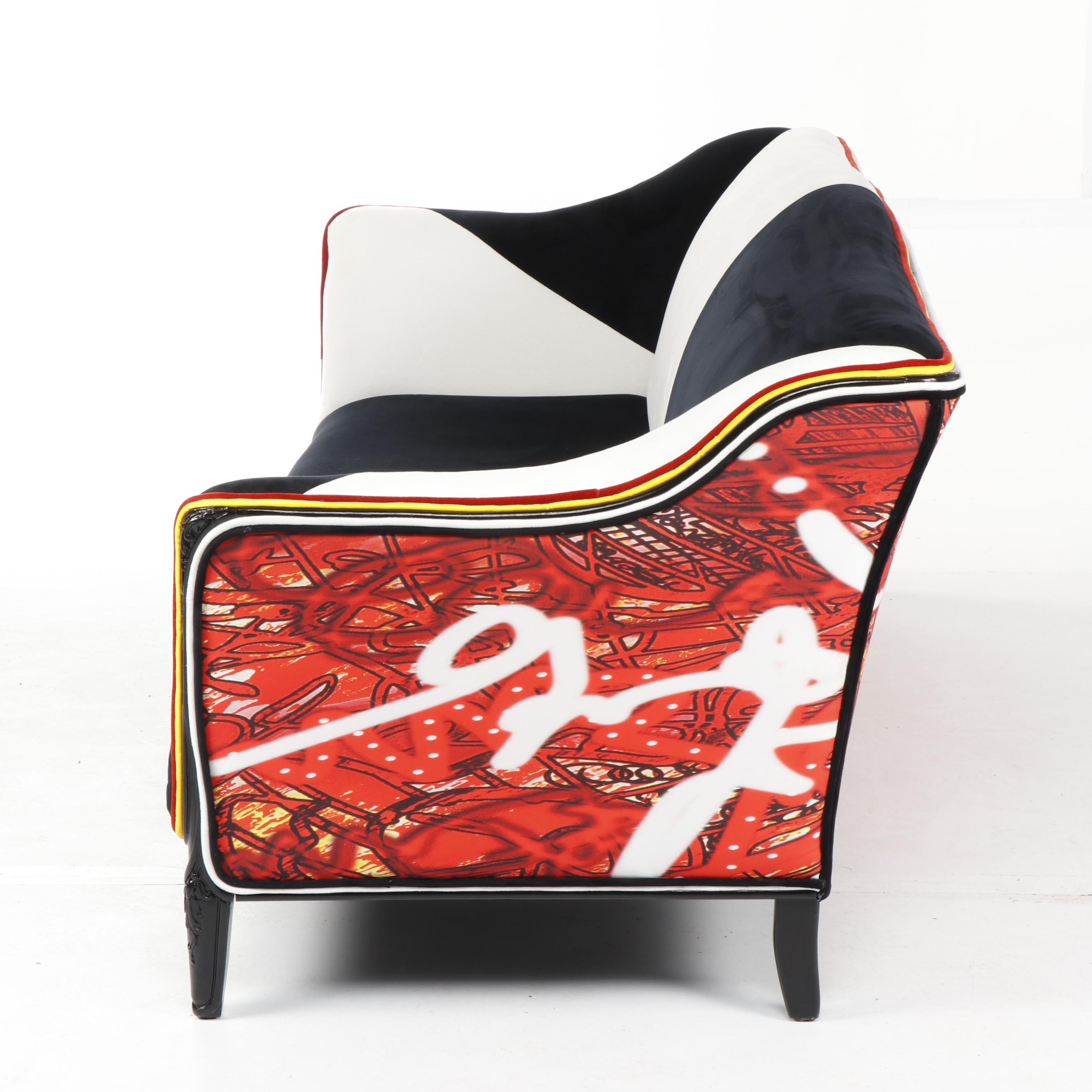 Checkerboard and Bold Print Custom Upholstered Settee