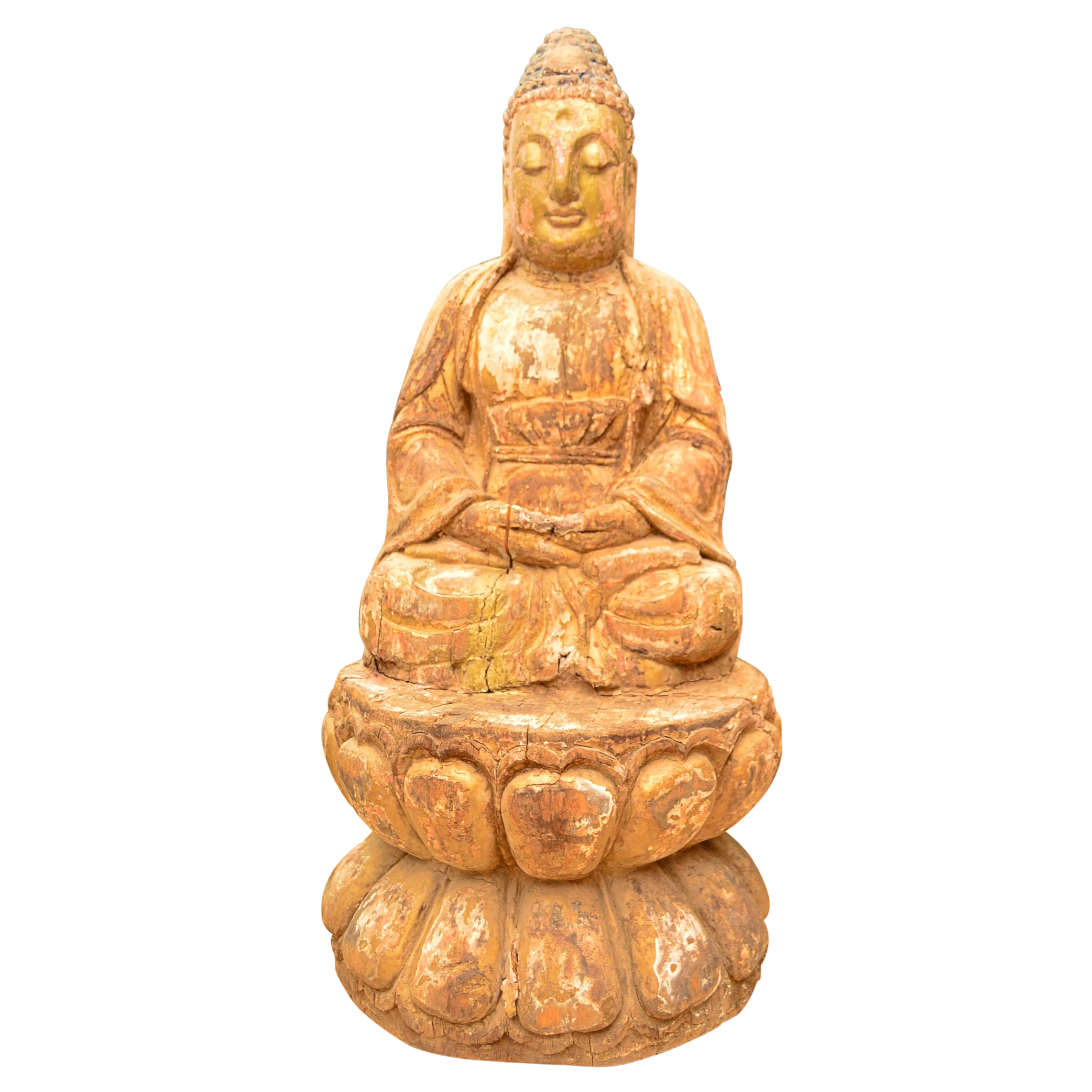 Antique Polychromed Wood Carving of Buddha