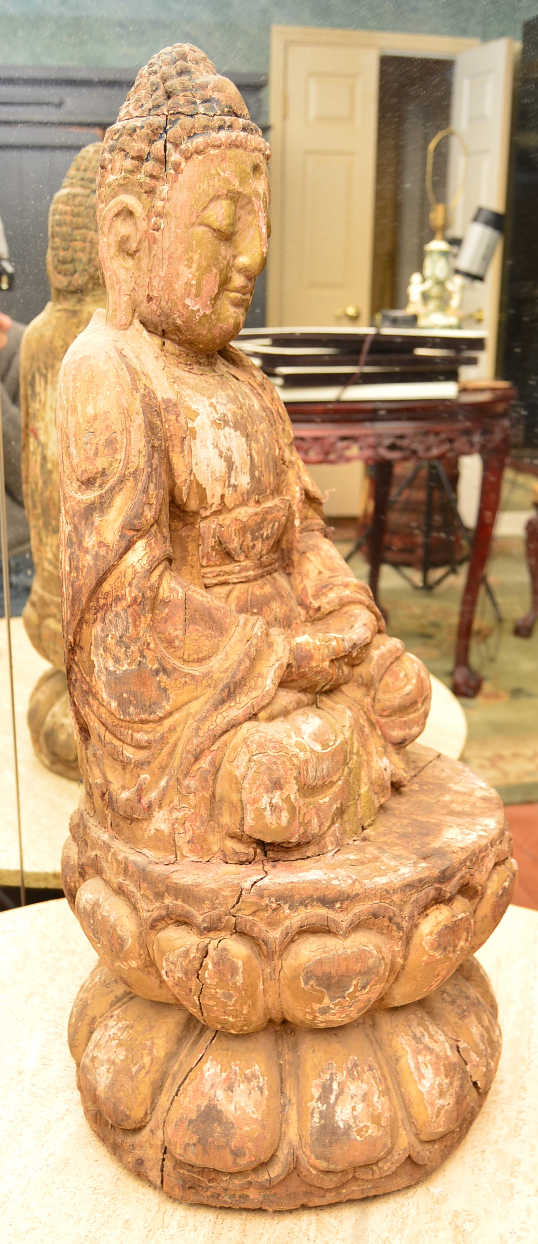 Antique Polychromed Wood Carving of Buddha