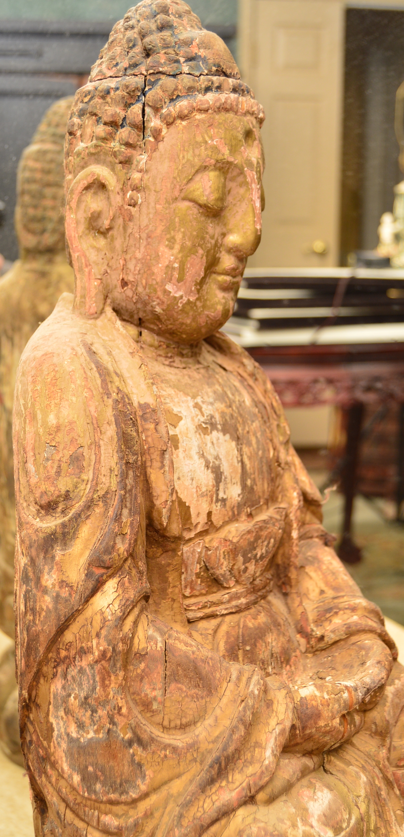Antique Polychromed Wood Carving of Buddha