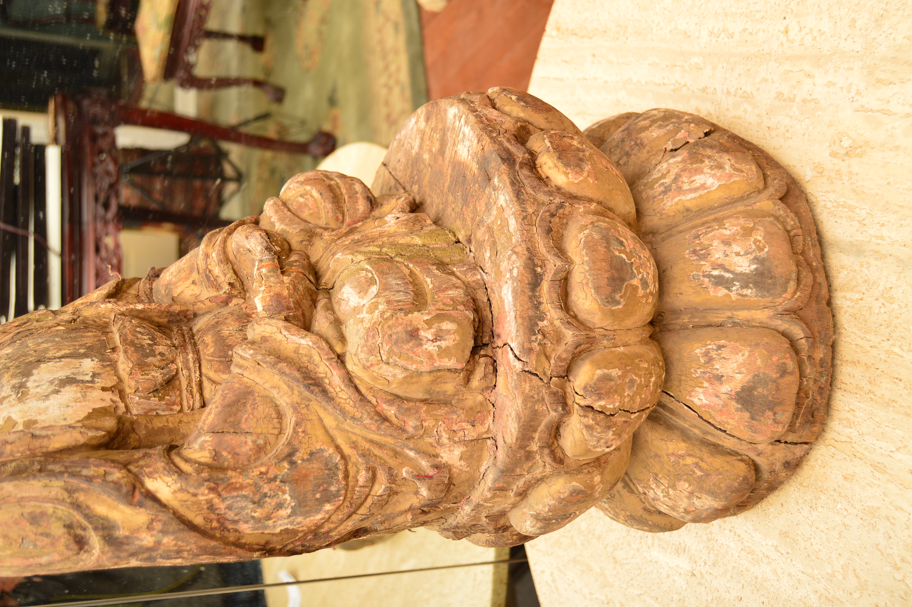 Antique Polychromed Wood Carving of Buddha