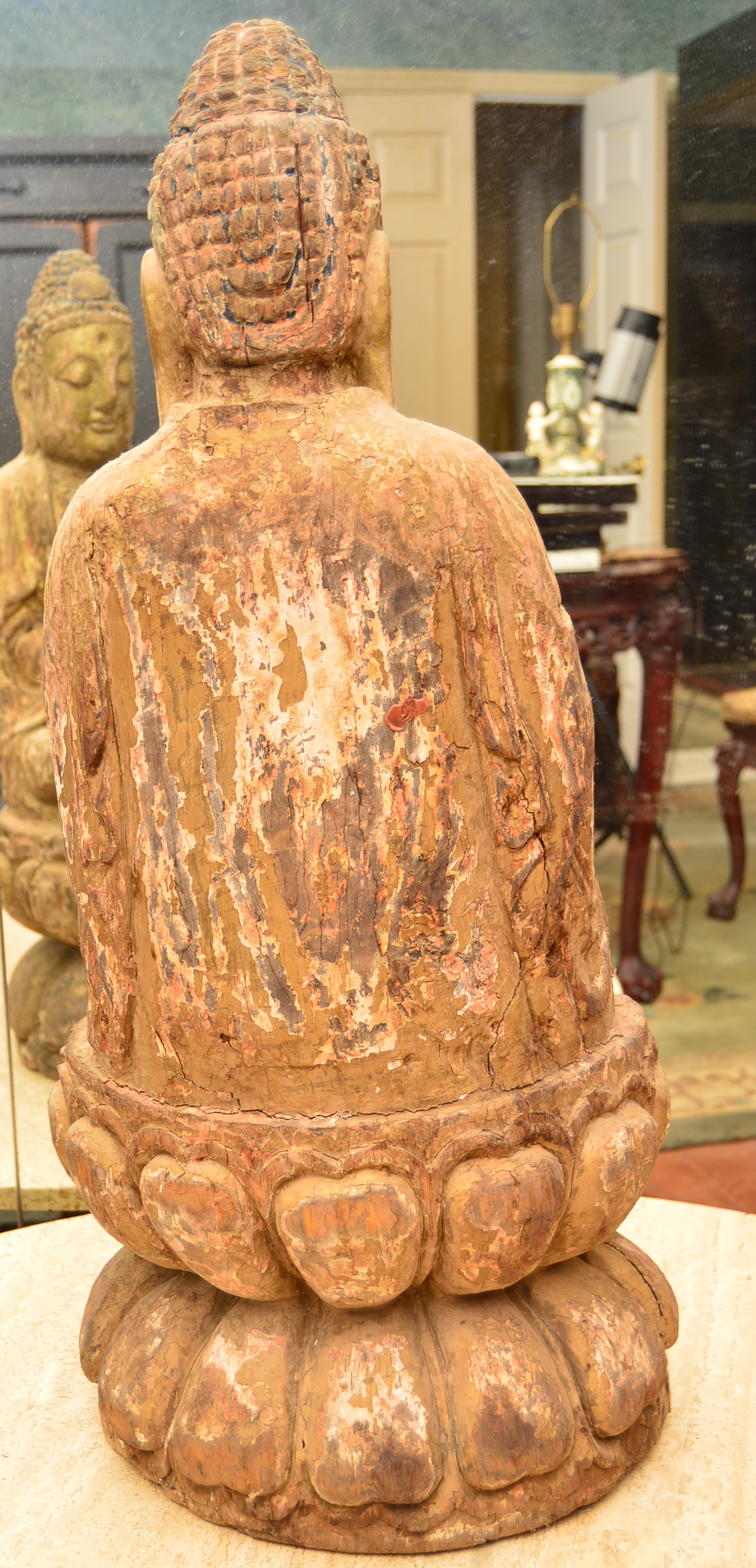 Antique Polychromed Wood Carving of Buddha