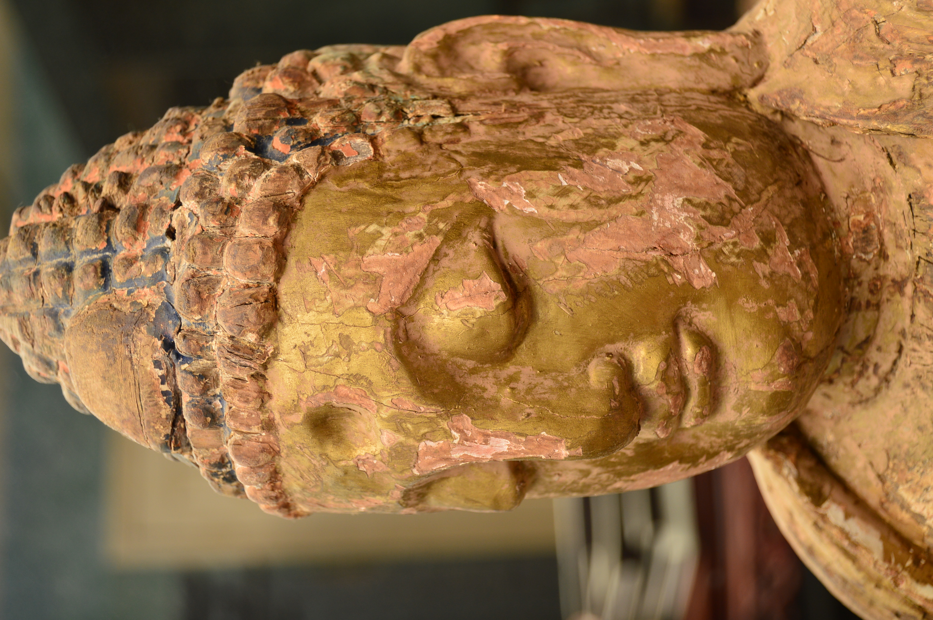 Antique Polychromed Wood Carving of Buddha