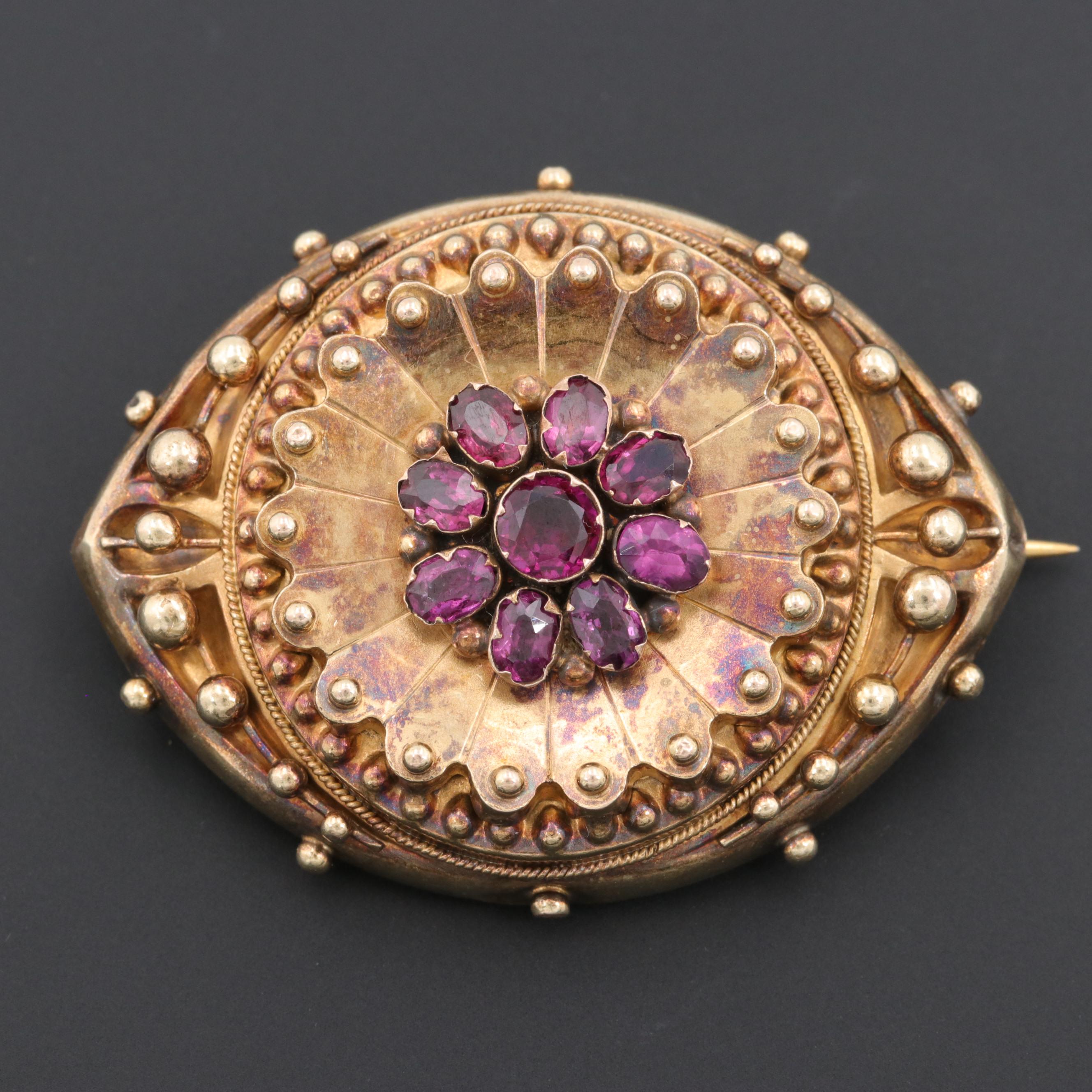 Mid Victorian 18K Yellow Gold Rhodolite Garnet Locket Brooch