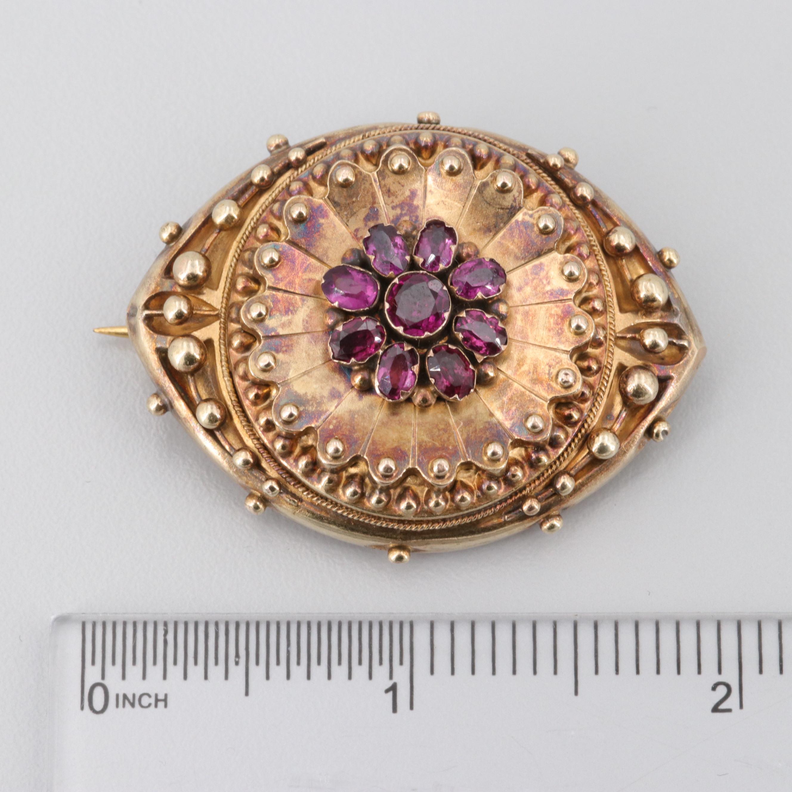 Mid Victorian 18K Yellow Gold Rhodolite Garnet Locket Brooch