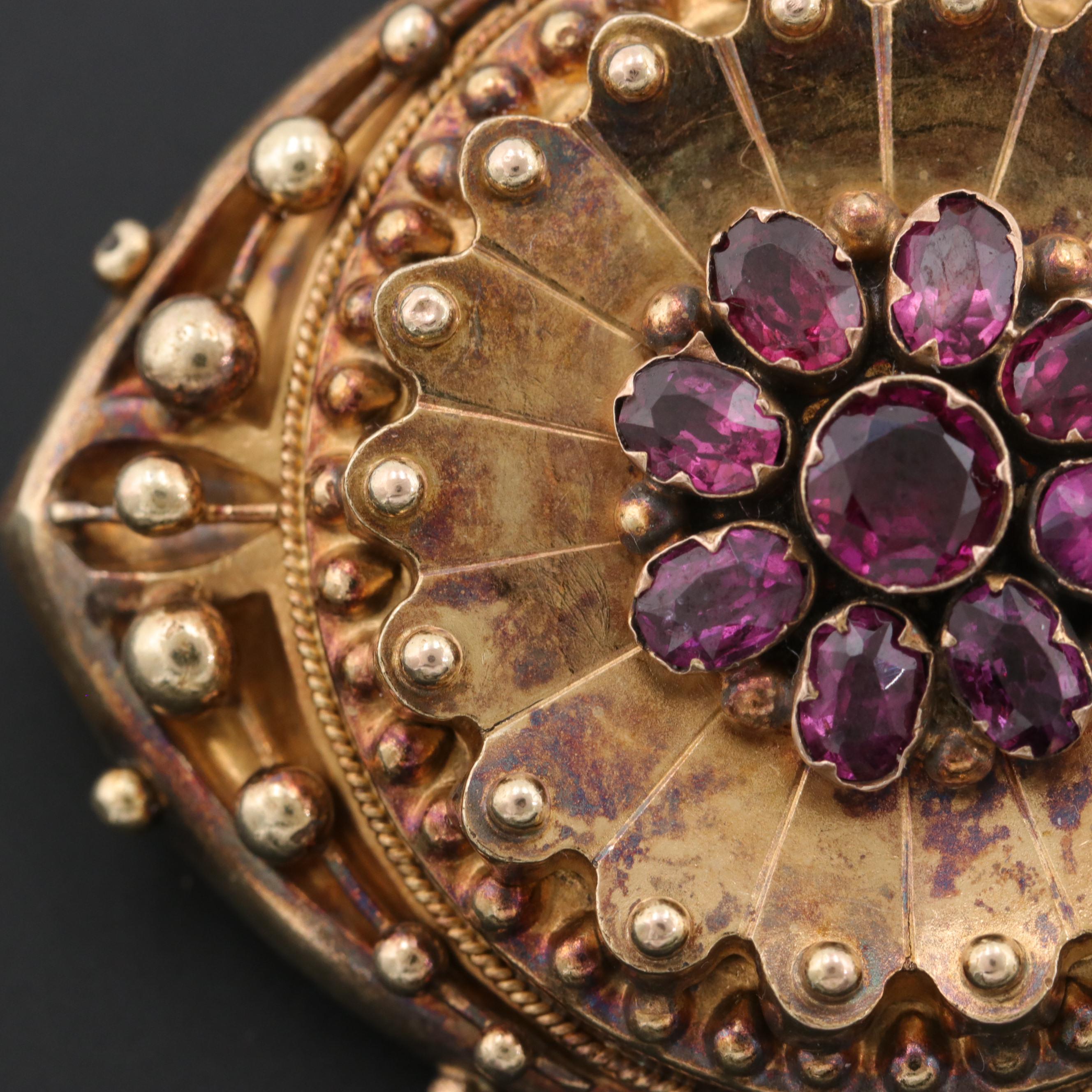 Mid Victorian 18K Yellow Gold Rhodolite Garnet Locket Brooch