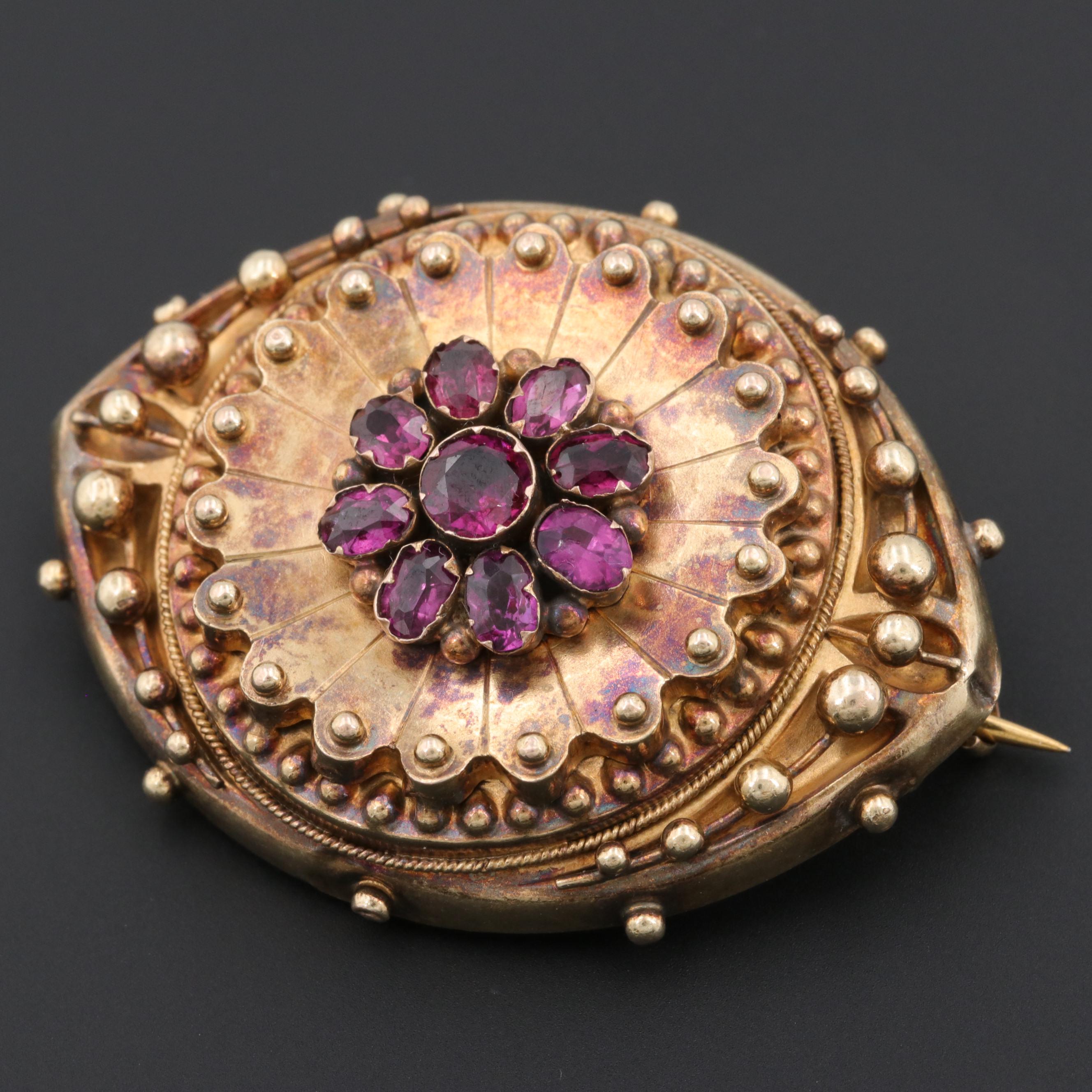 Mid Victorian 18K Yellow Gold Rhodolite Garnet Locket Brooch