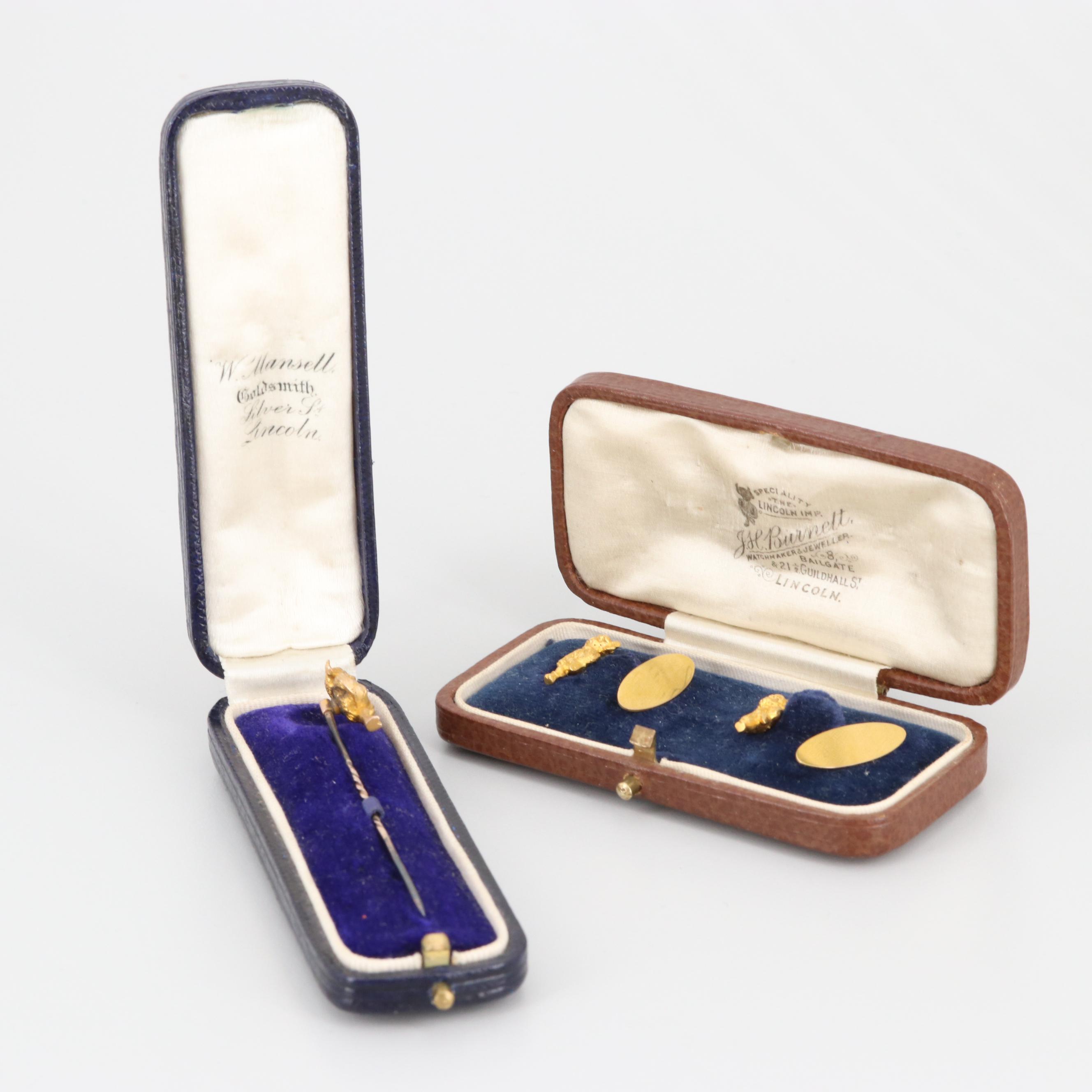 9K Yellow Gold Cufflinks and Ruby Stick Pin of the Lincoln Imp