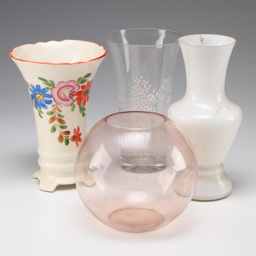BIHL Czechoslovakia Hand-Painted Ceramic Vase with other Glass Vases,