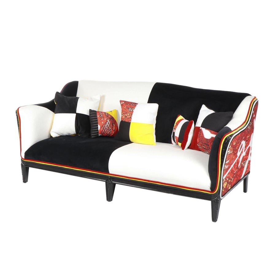 Checkerboard and Bold Print Custom Upholstered Settee