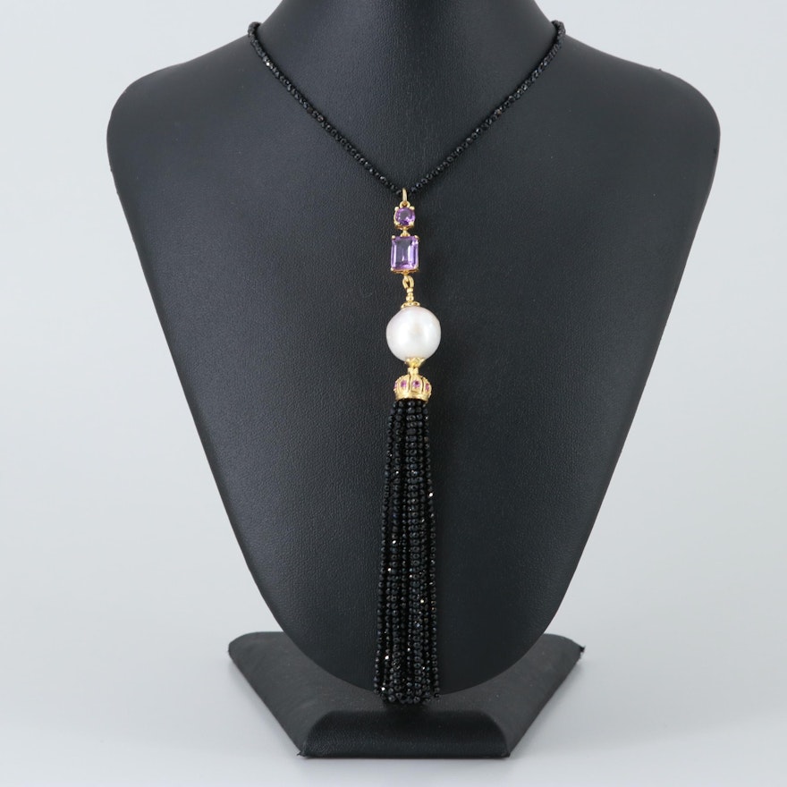 Gold Wash on Sterling Silver Cultured Pearl, Amethyst and Black Onyx Sautoir