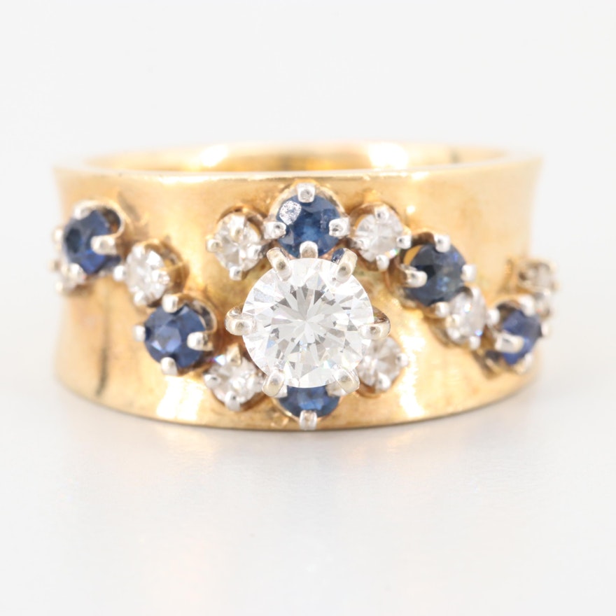 14K Yellow Gold Diamond and Blue Sapphire Ring