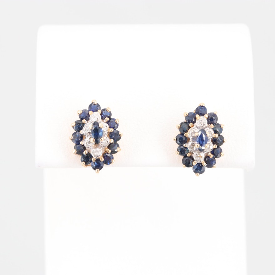 14K Yellow Gold Blue Sapphire and Diamond Earrings