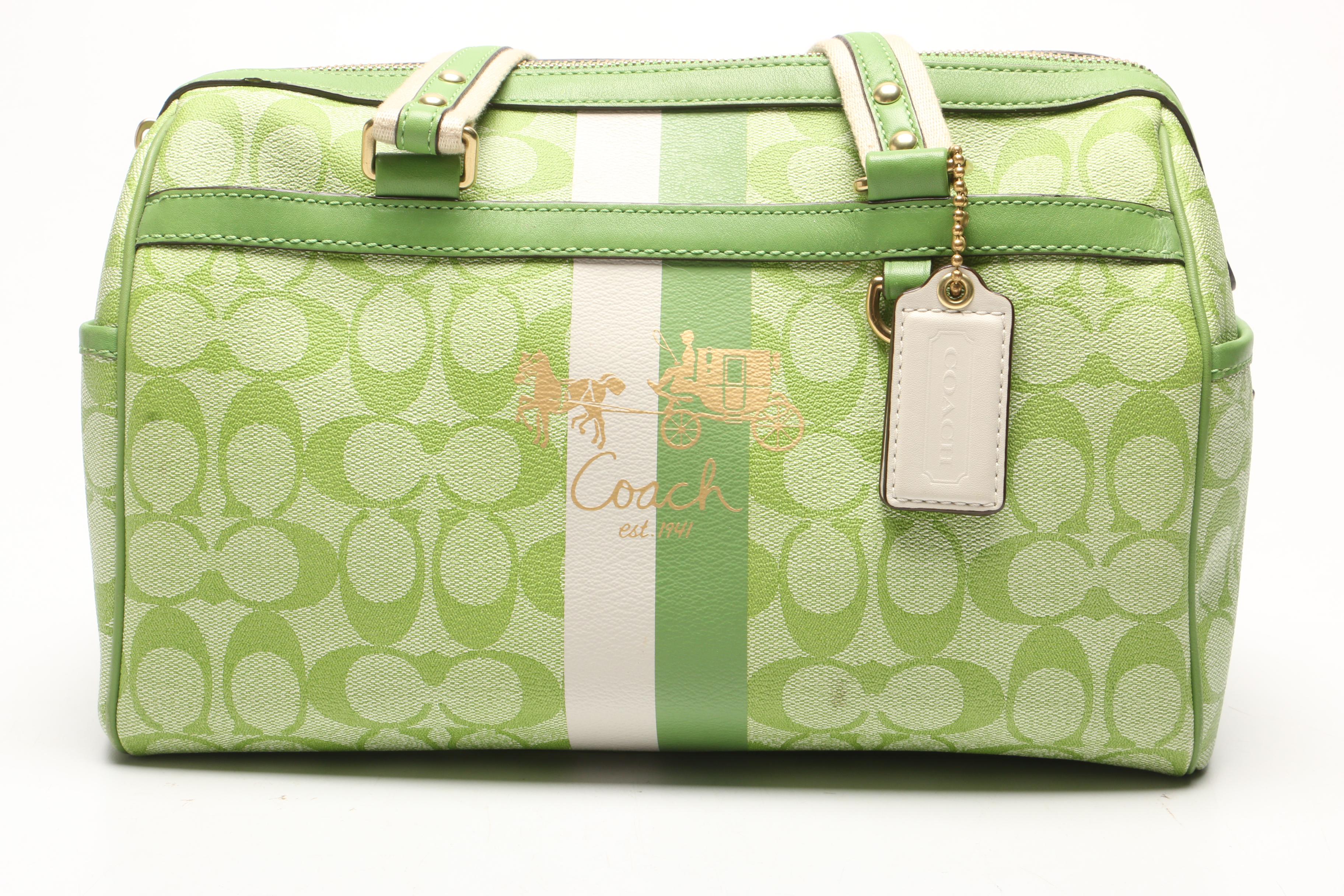 Coach Lime Green Heritage Stripe Duffel Handbag and Spartina Paisley Canvas Bag