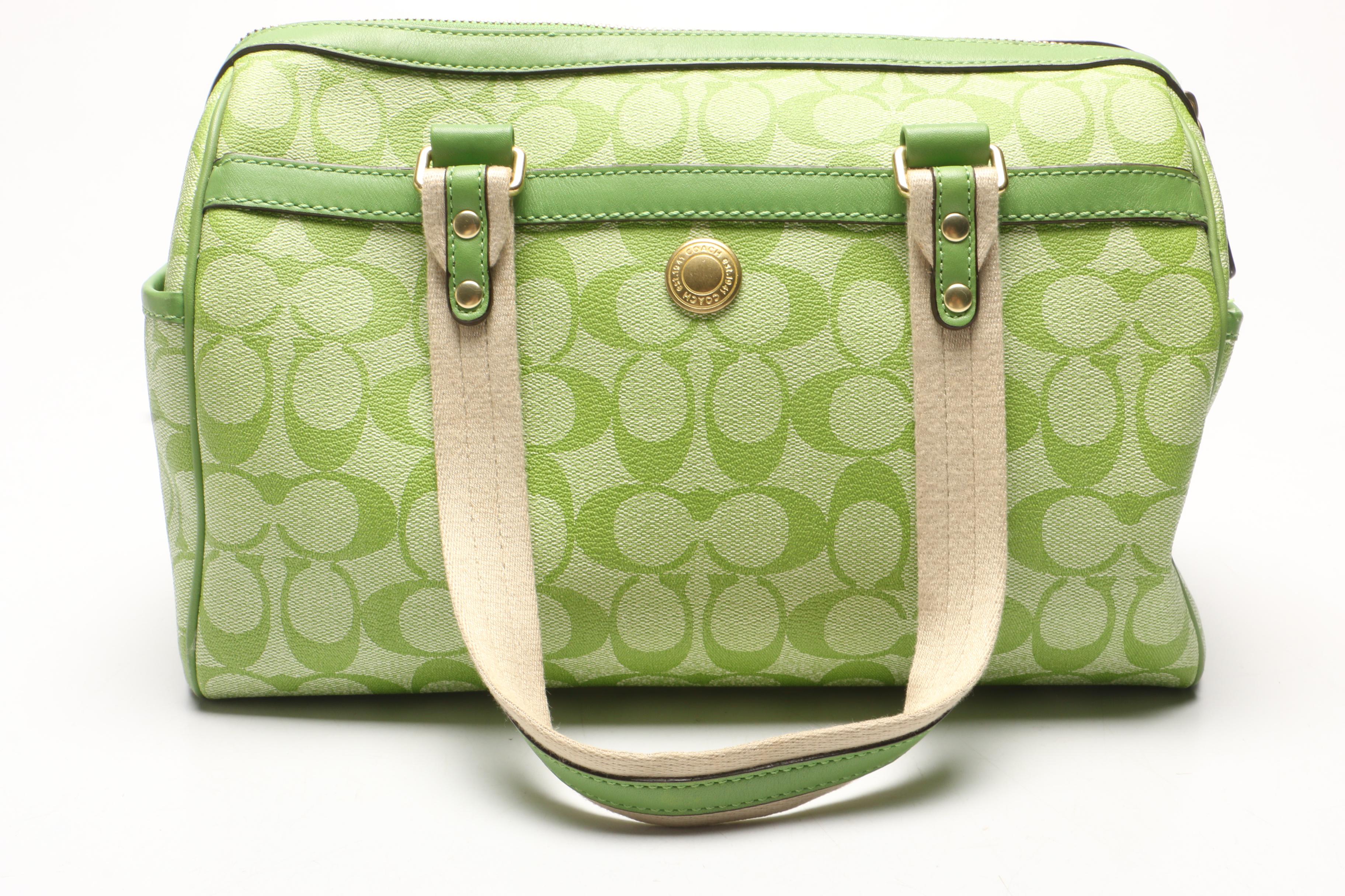 Coach Lime Green Heritage Stripe Duffel Handbag and Spartina Paisley Canvas Bag