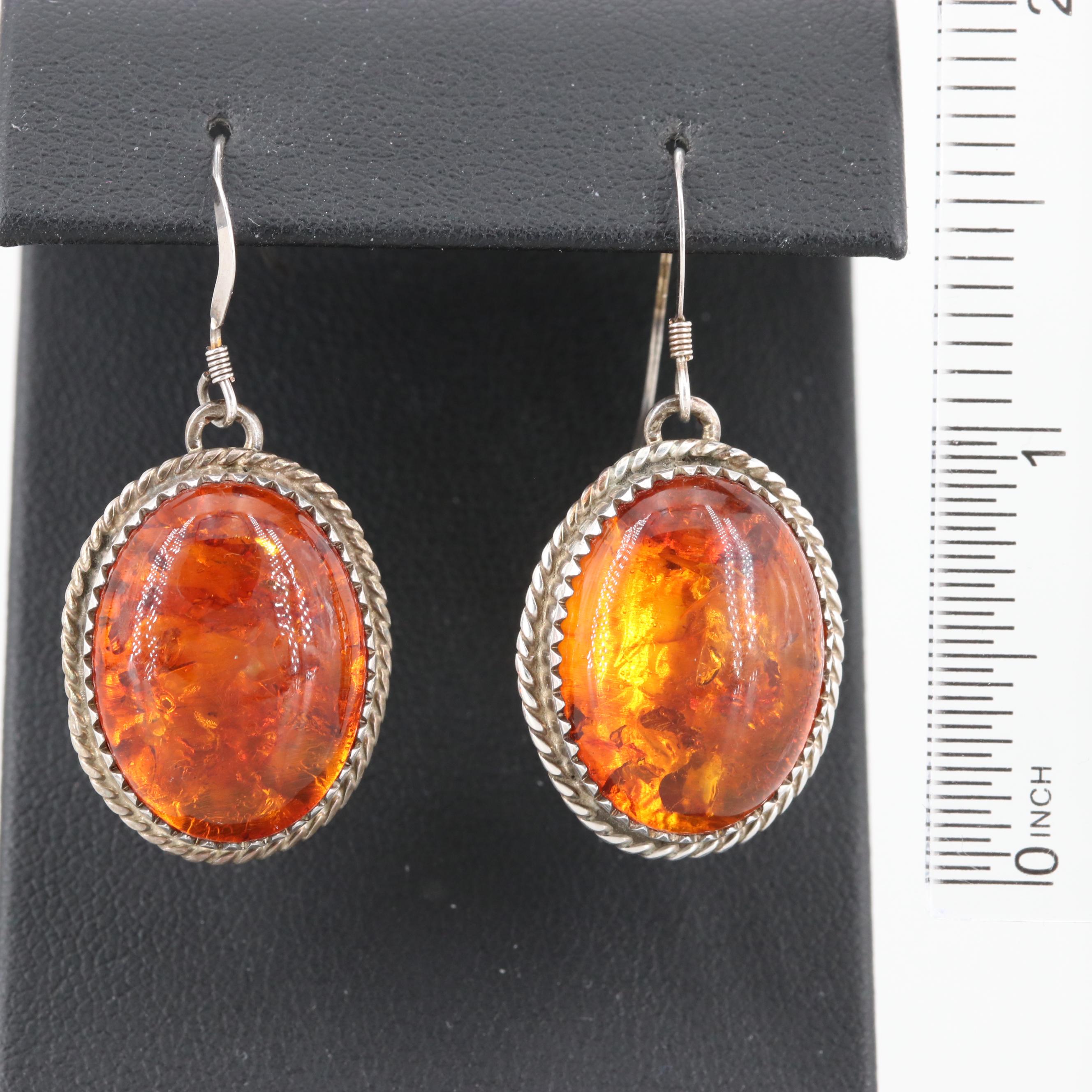 Southwestern Style Sterling Silver Amber Squash Blossom Necklace and Earring Set