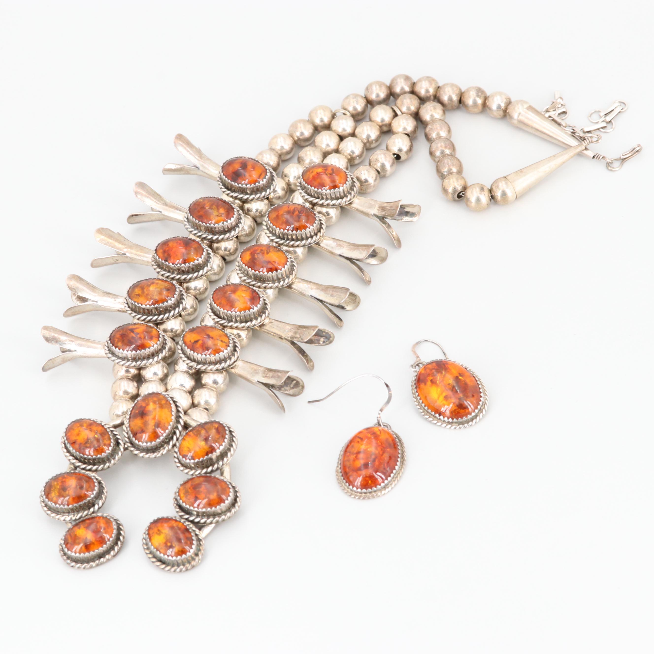 Southwestern Style Sterling Silver Amber Squash Blossom Necklace and Earring Set