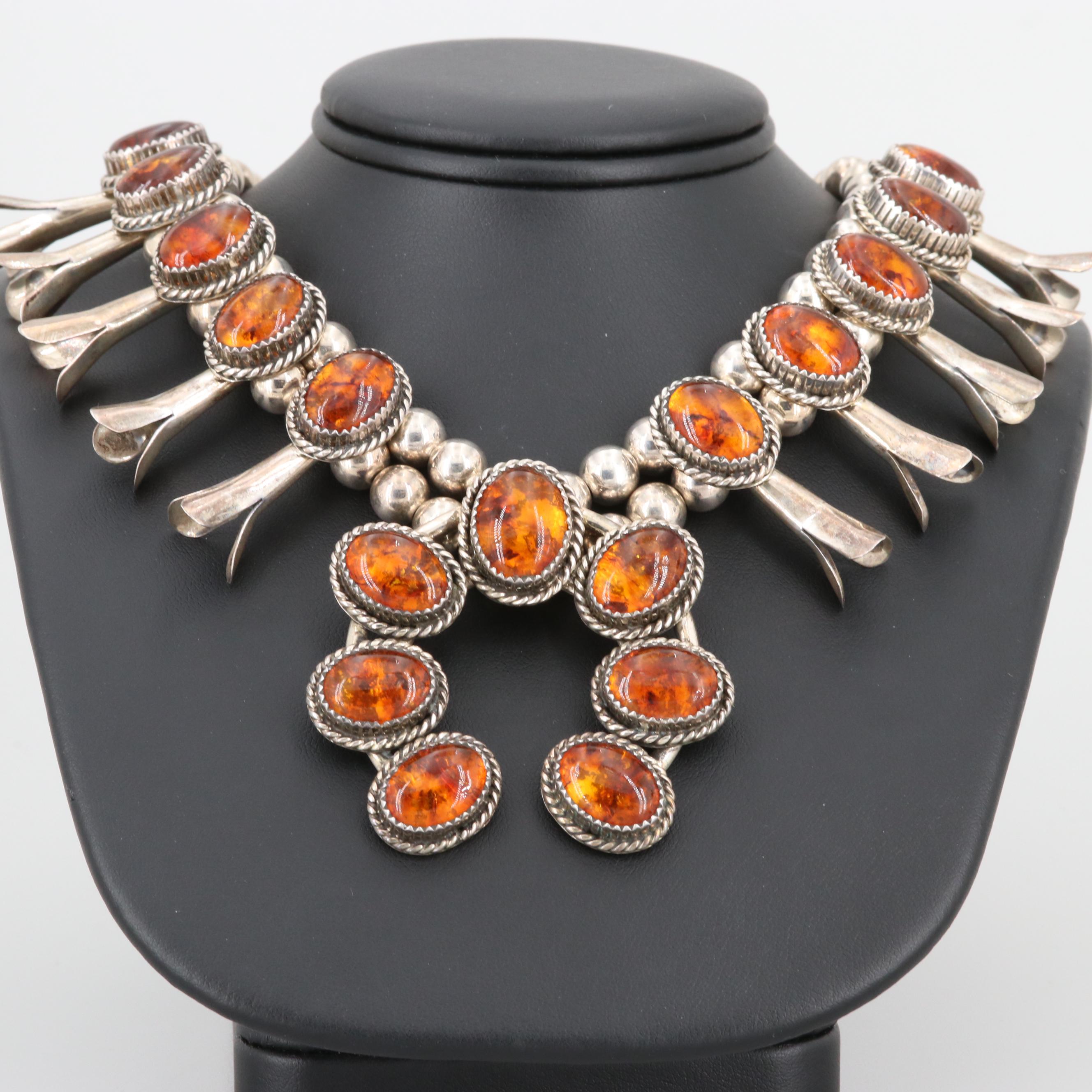 Southwestern Style Sterling Silver Amber Squash Blossom Necklace and Earring Set