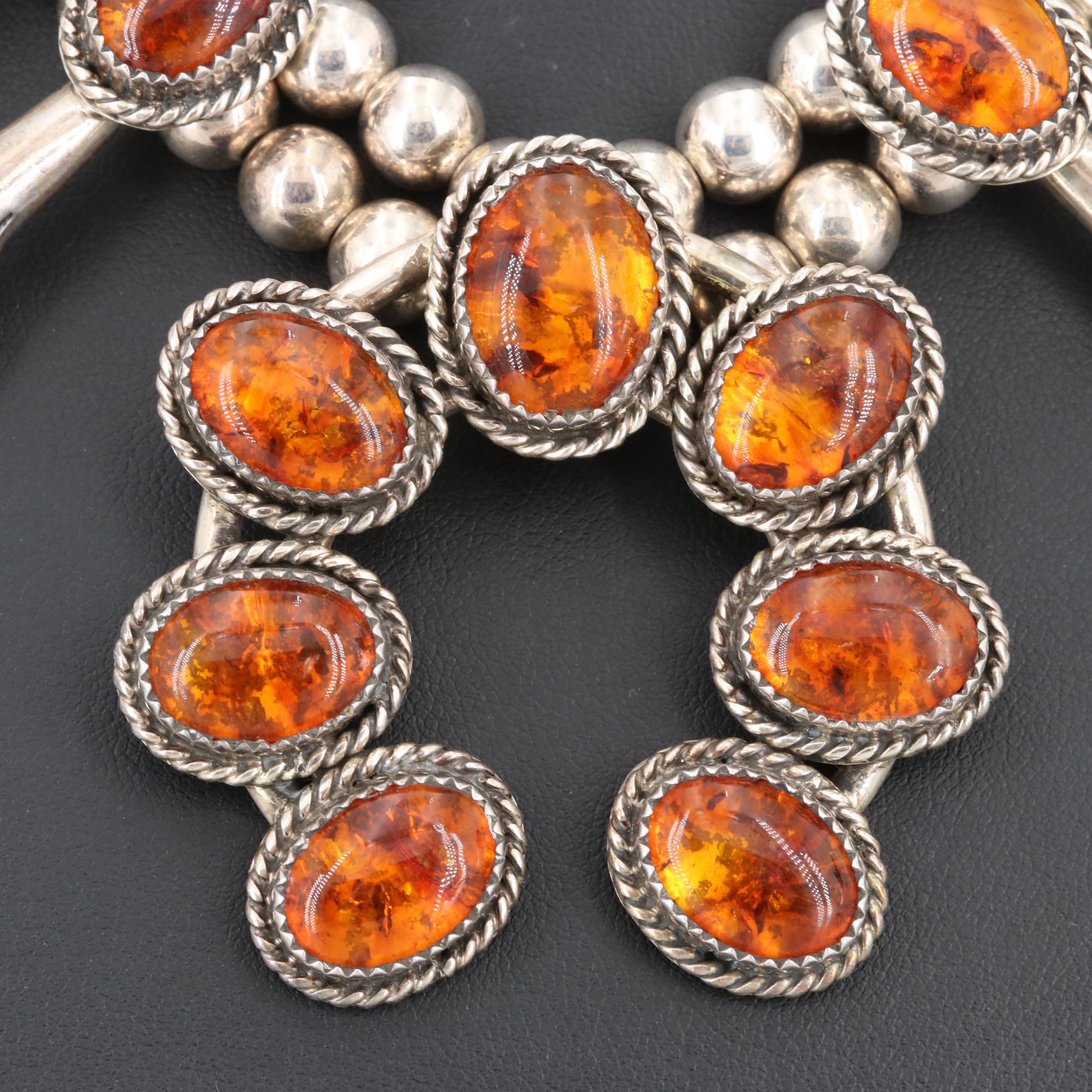 Southwestern Style Sterling Silver Amber Squash Blossom Necklace and Earring Set