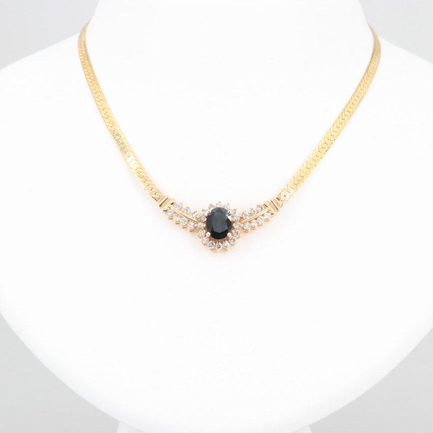 14K Yellow Gold 1.96 CT Blue Sapphire and Diamond Herringbone Necklace