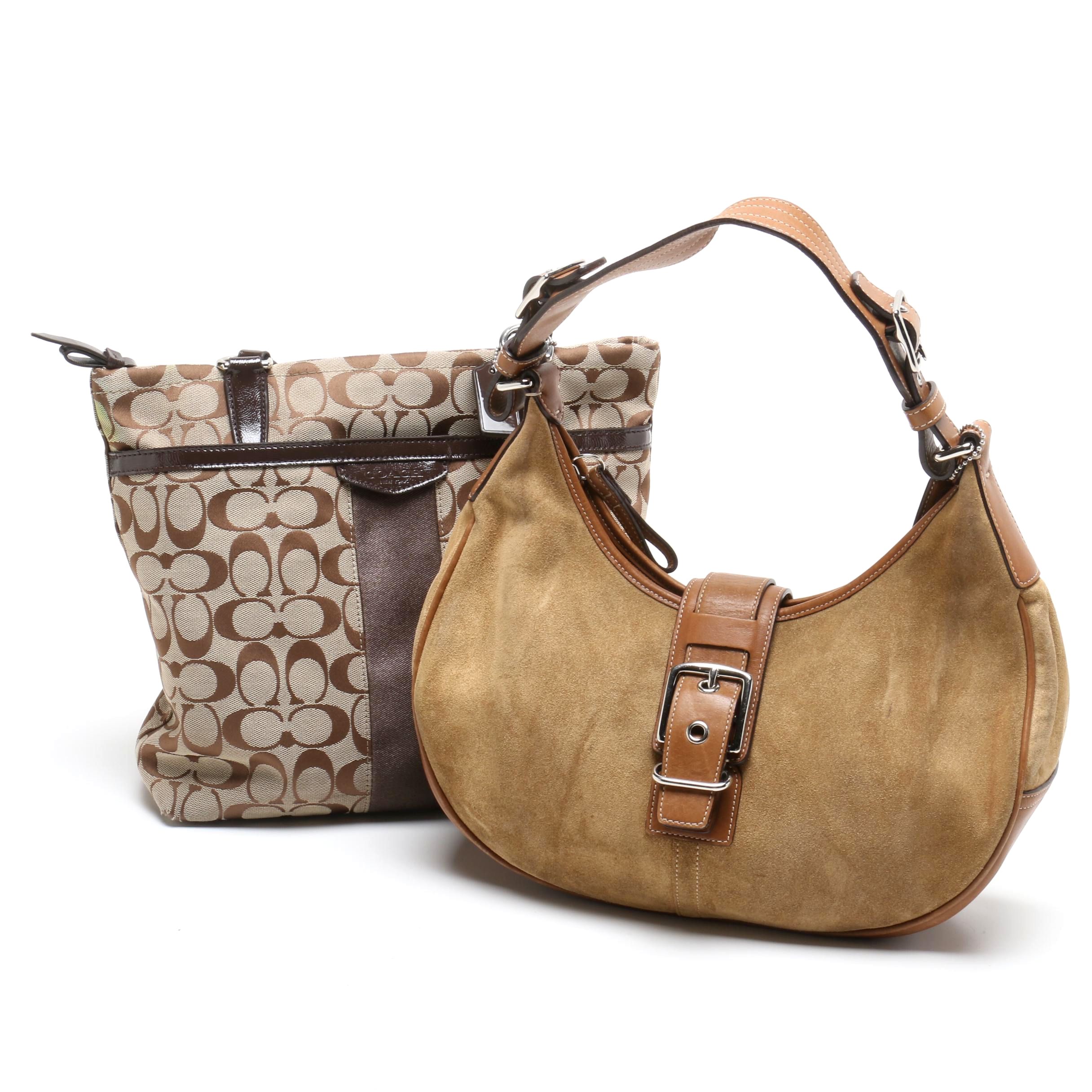 Coach Buckle Flap Suede Shoulder Bag and Signature Stripe Tote Bag